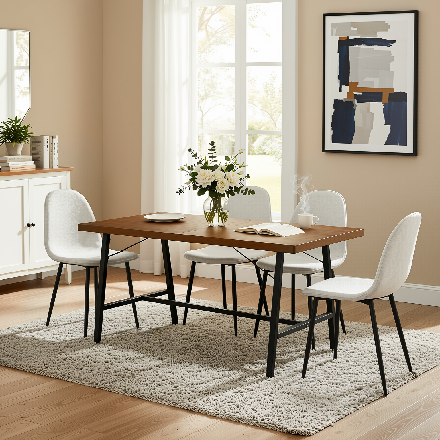 Homy Casa FORS + Charlton Barrel 5PC Dining Set 63" Table with 4 Beige Fabric Chairs