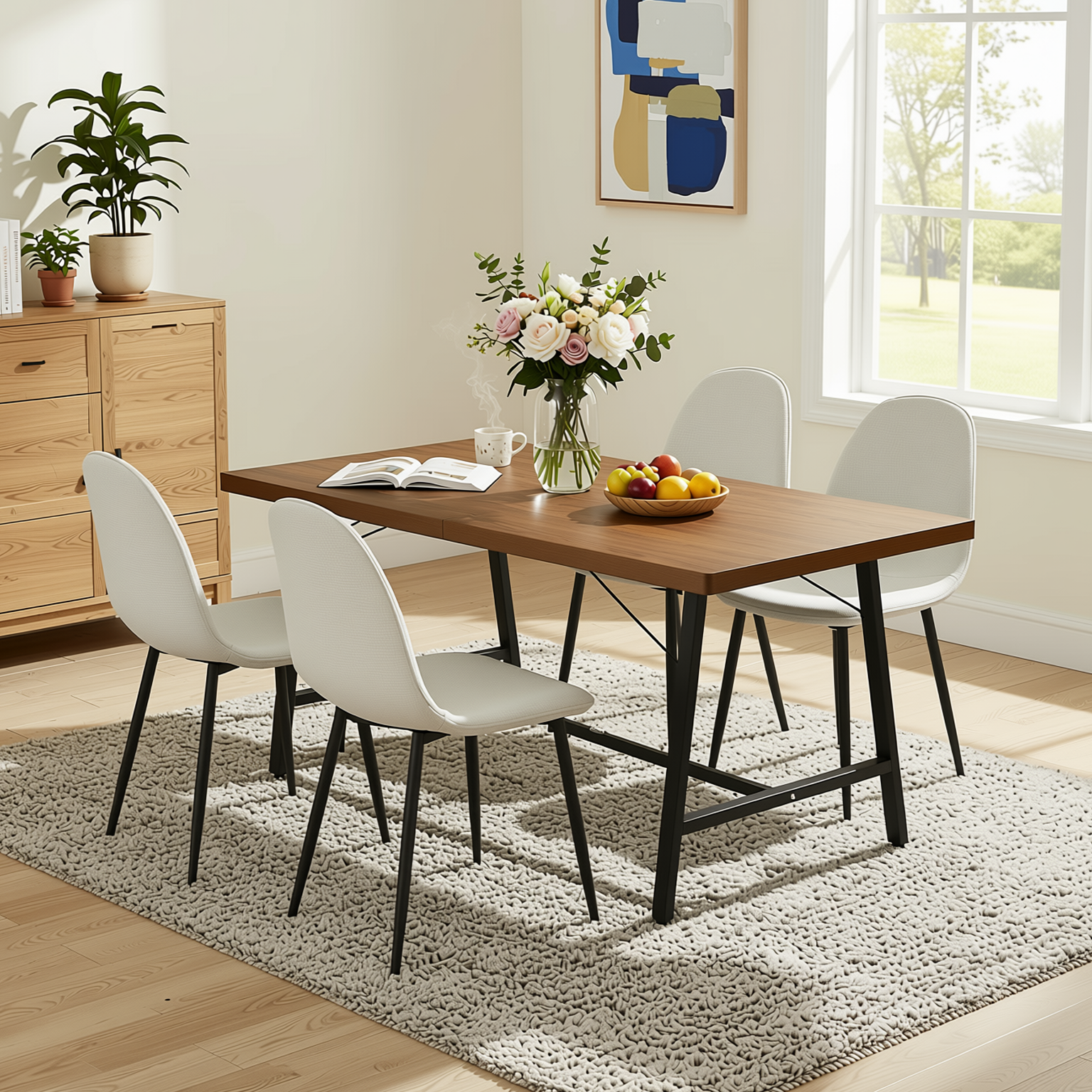 Homy Casa FORS + Charlton Barrel 5PC Dining Set 63" Table with 4 Beige Fabric Chairs