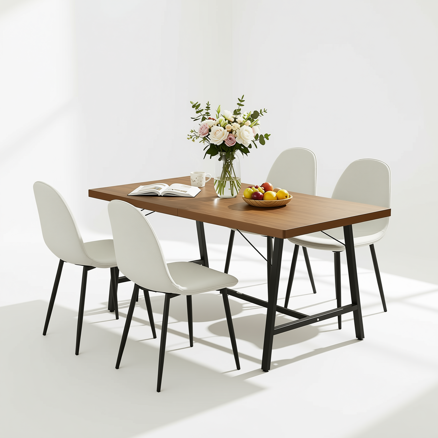Homy Casa FORS + Charlton Barrel 5PC Dining Set 63" Table with 4 Beige Fabric Chairs