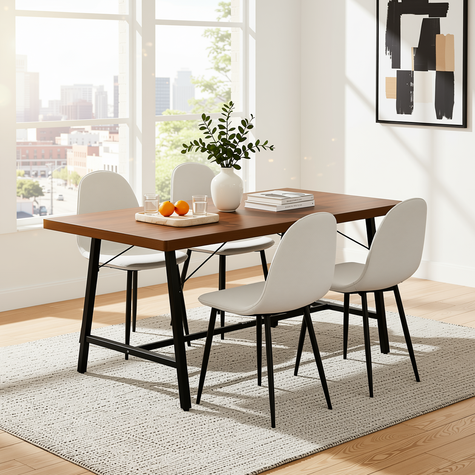 Homy Casa FORS + Charlton Barrel 5PC Dining Set 63" Table with 4 Beige Fabric Chairs