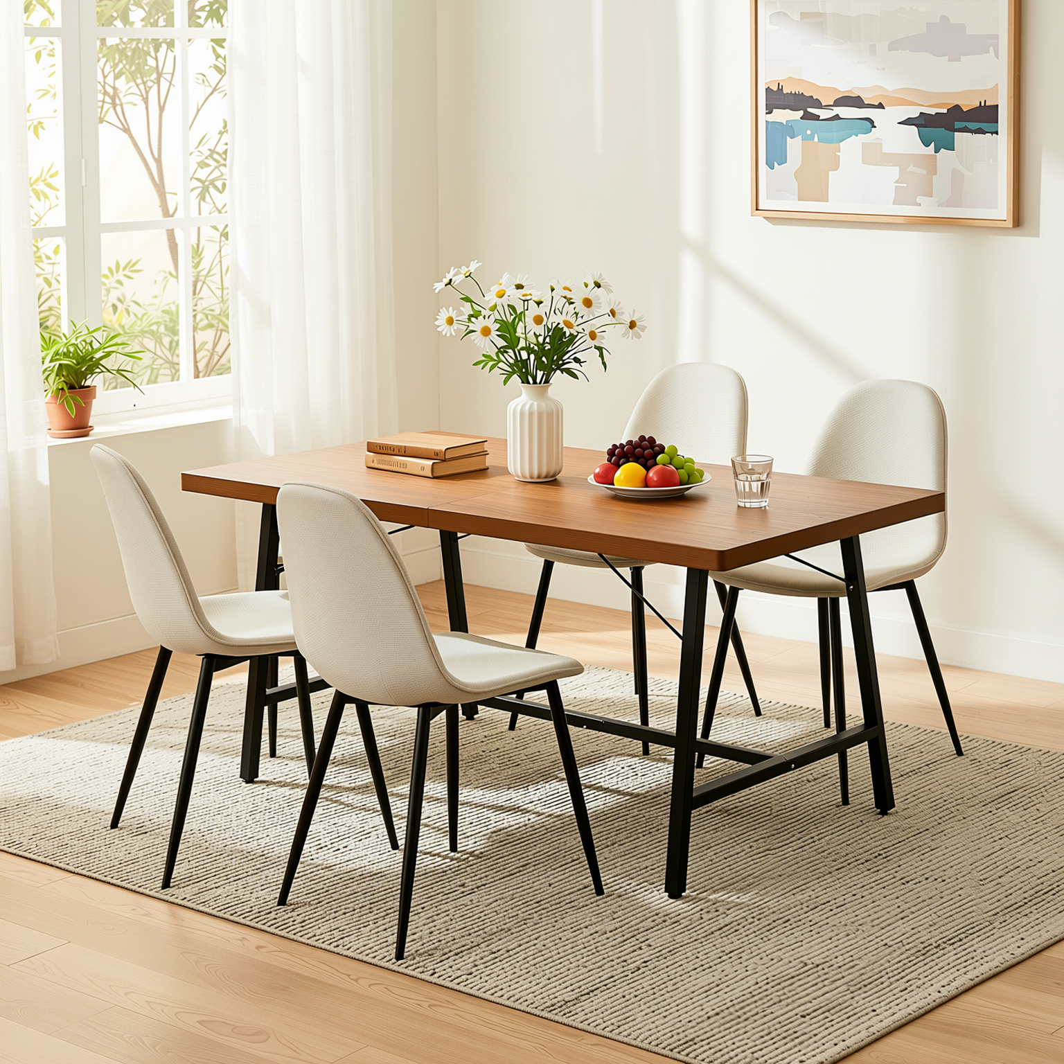 Homy Casa FORS + Charlton 5PC Dining Set 63” Khaki Fabric Dining Table with 4 Upholstered Chairs