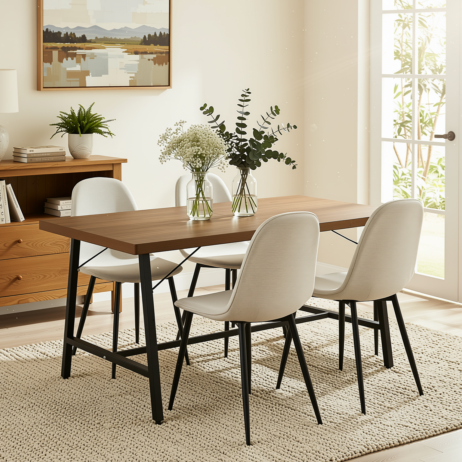 Homy Casa FORS + Charlton 5PC Dining Set 63” Khaki Fabric Dining Table with 4 Upholstered Chairs