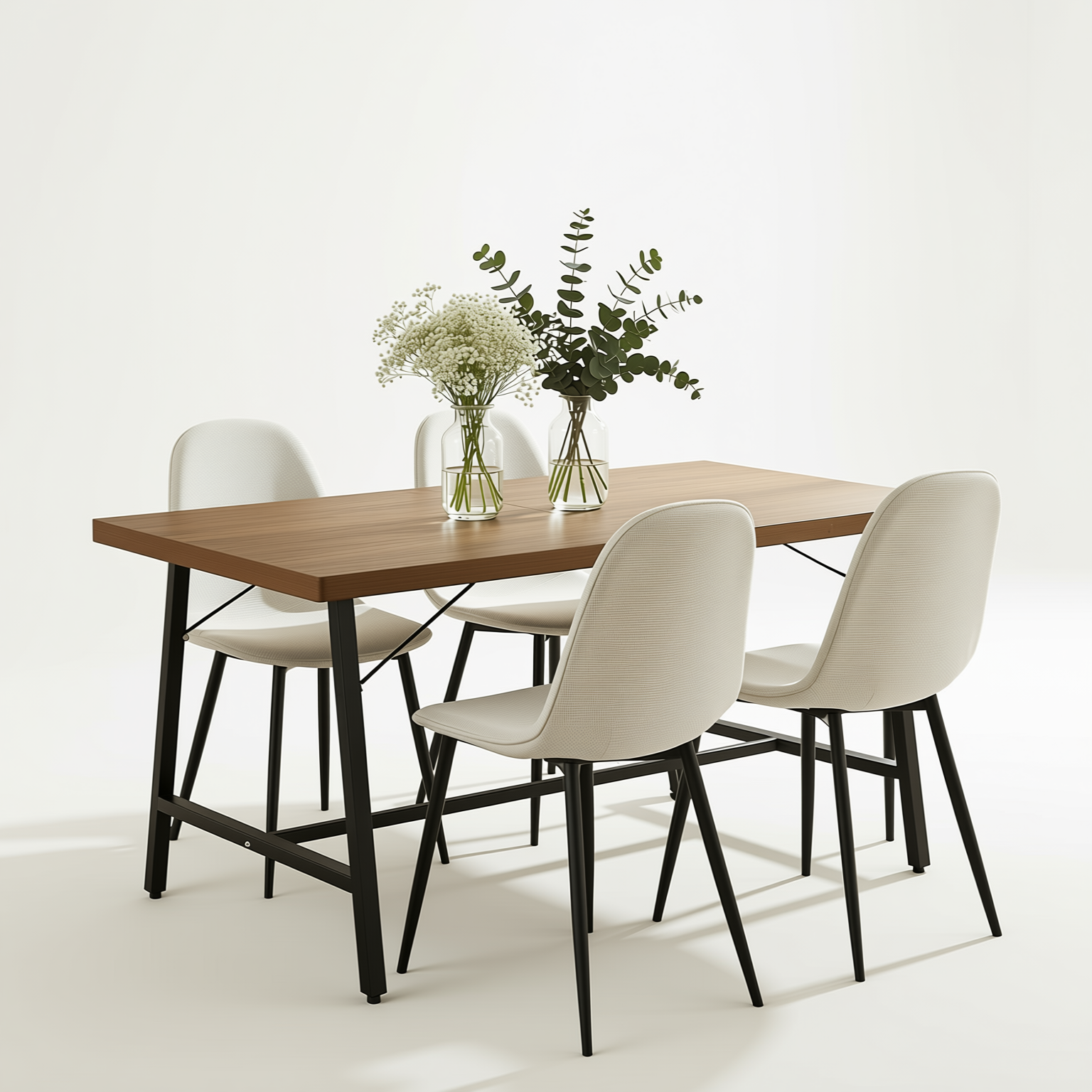 Homy Casa FORS + Charlton 5PC Dining Set 63” Khaki Fabric Dining Table with 4 Upholstered Chairs