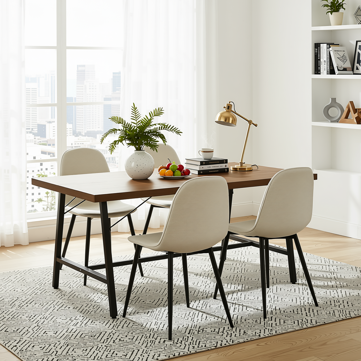 Homy Casa FORS + Charlton 5PC Dining Set 63” Khaki Fabric Dining Table with 4 Upholstered Chairs