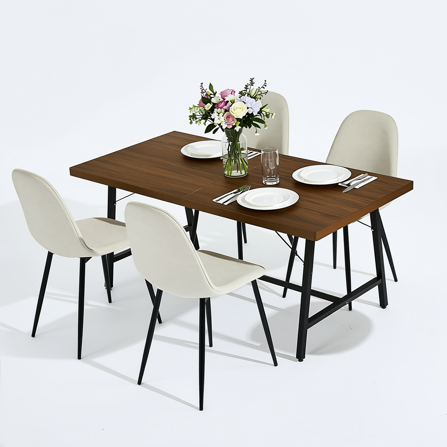 Homy Casa FORS + Charlton 5PC Dining Set 63” Khaki Fabric Dining Table with 4 Upholstered Chairs