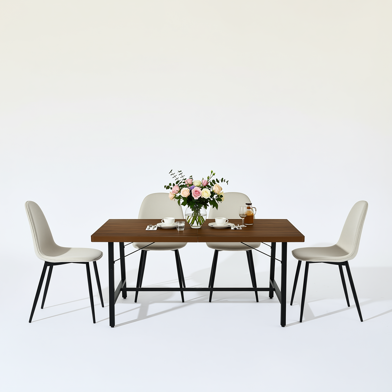 Homy Casa FORS + Charlton 5PC Dining Set 63” Khaki Fabric Dining Table with 4 Upholstered Chairs