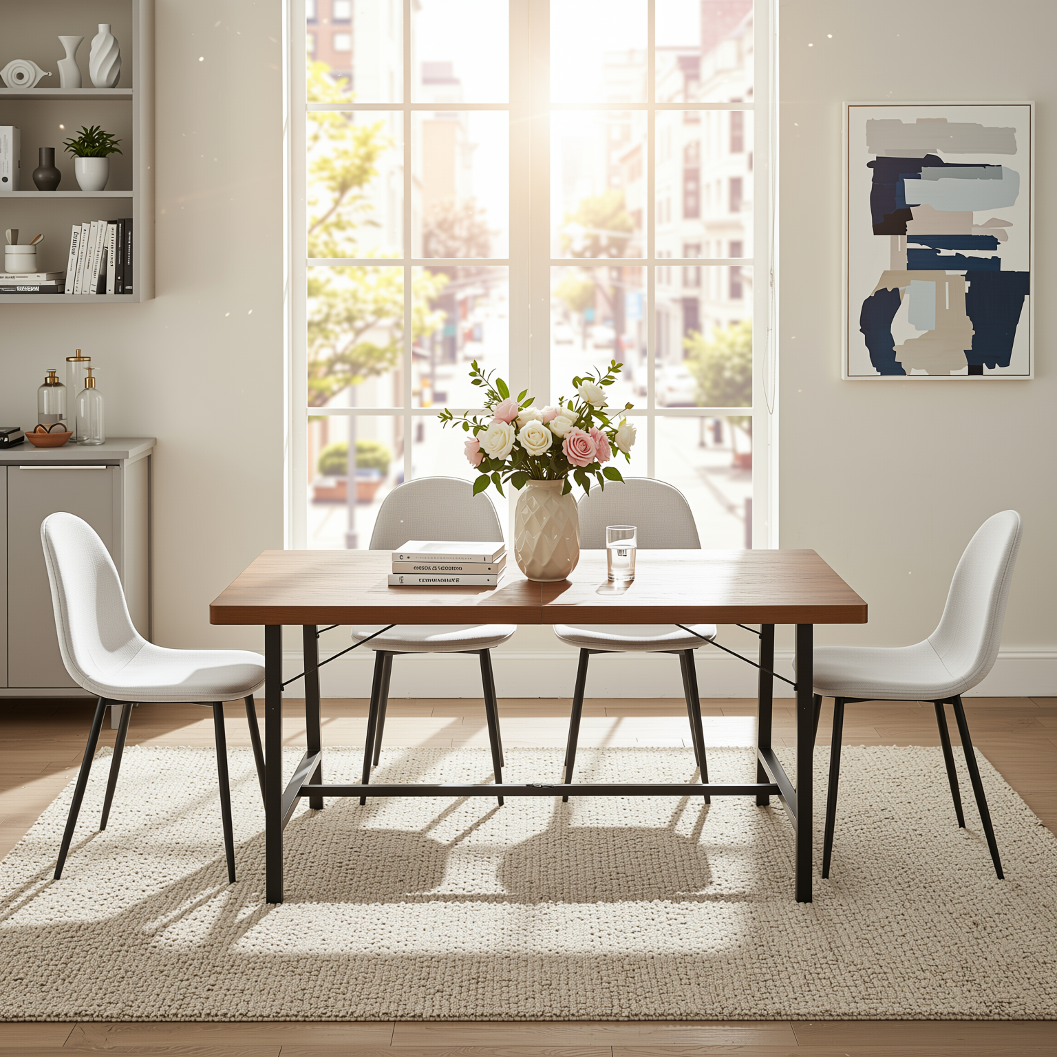 Homy Casa FORS + Charlton 5PC Dining Set 63” Khaki Fabric Dining Table with 4 Upholstered Chairs