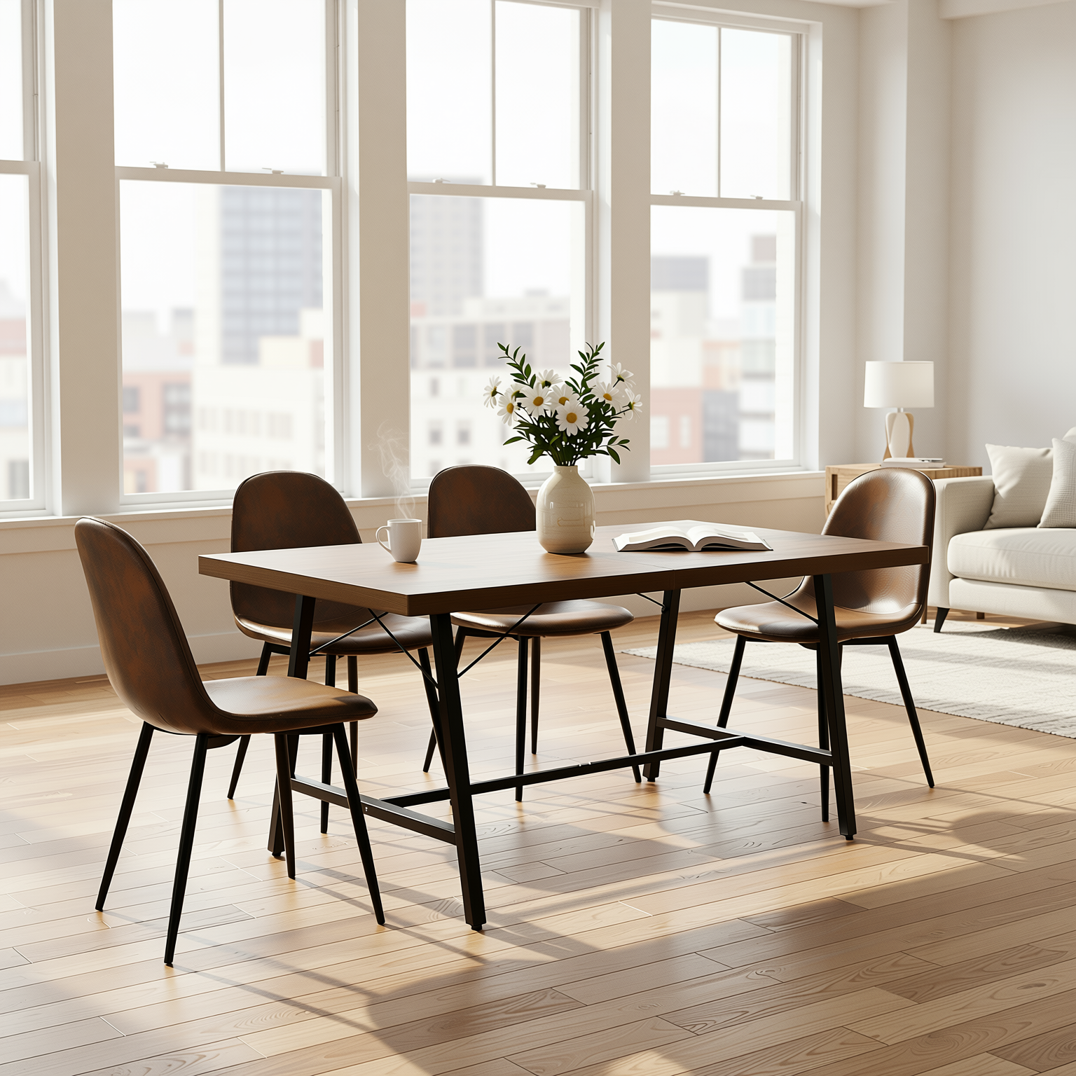 Homy Casa FORS 5PC Dining Set 63” Brown MDF Table with 4PC Charlton Suede Upholstered Chairs