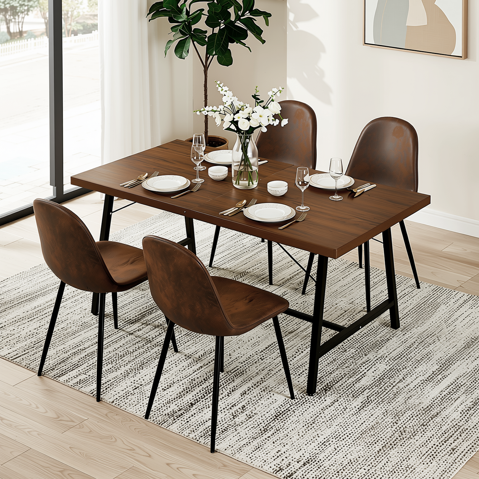 Homy Casa FORS 5PC Dining Set 63” Brown MDF Table with 4PC Charlton Suede Upholstered Chairs