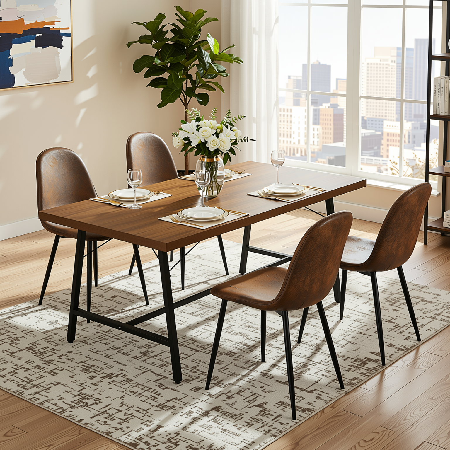 Homy Casa FORS 5PC Dining Set 63” Brown MDF Table with 4PC Charlton Suede Upholstered Chairs