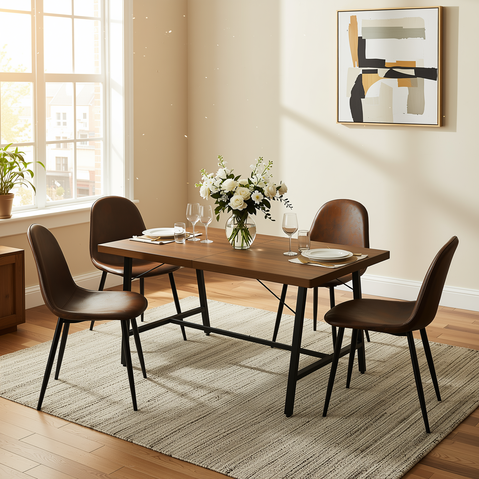 Homy Casa FORS 5PC Dining Set 63” Brown MDF Table with 4PC Charlton Suede Upholstered Chairs