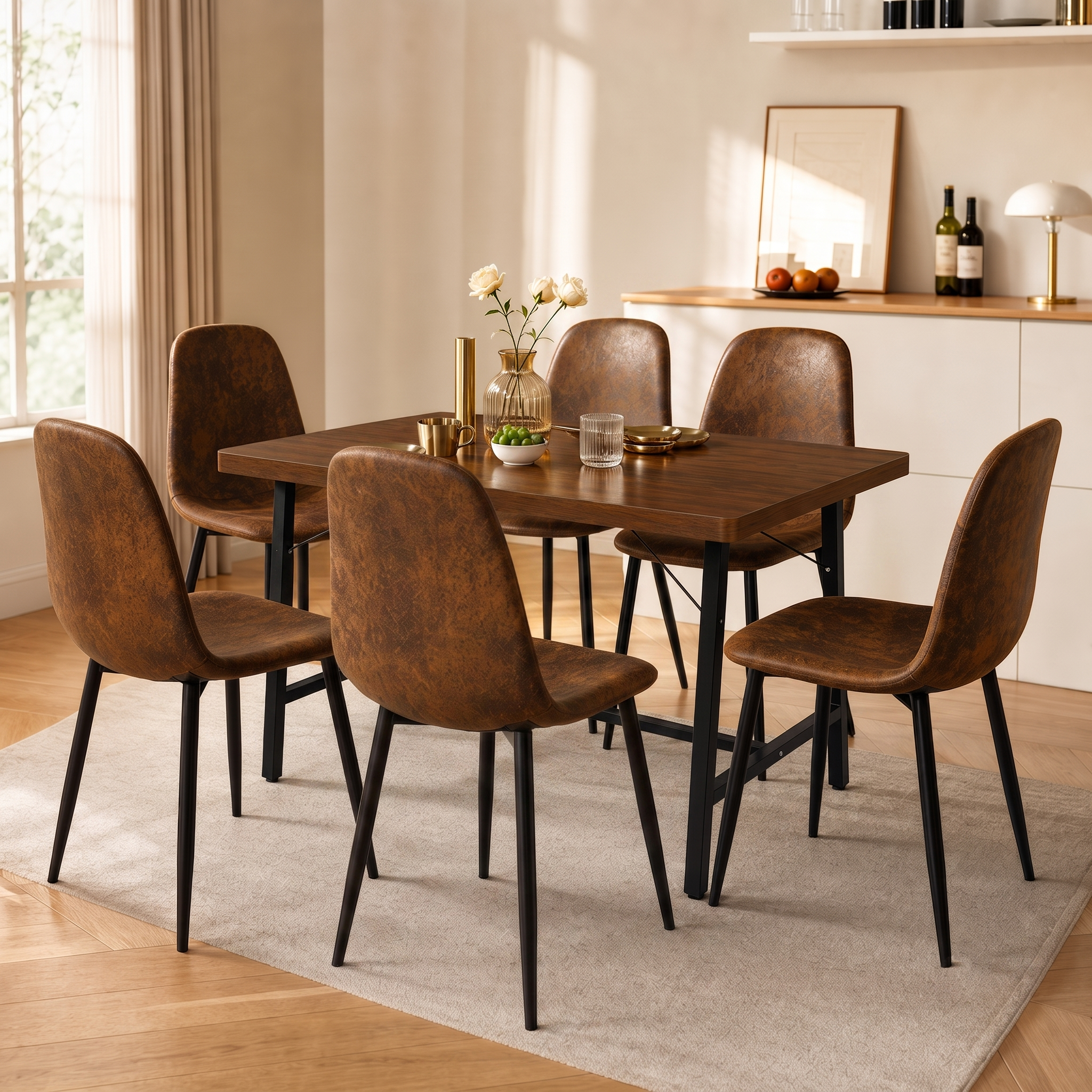 Homy Casa FORS+CHARLTON 7PC Dining Set 63" Table with 6 Suede Upholstered Chairs in Brown