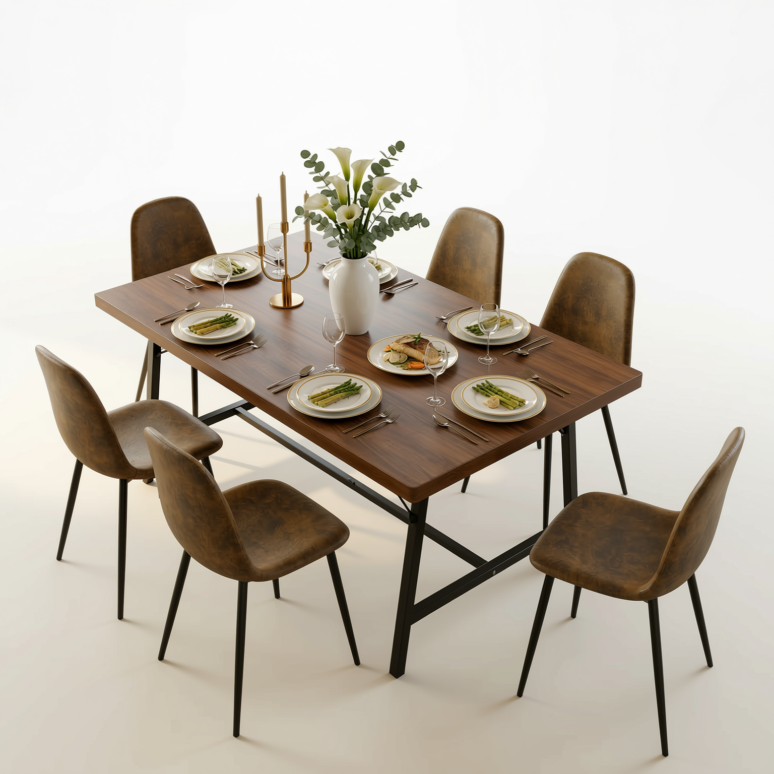 Homy Casa FORS+CHARLTON 7PC Dining Set 63" Table with 6 Suede Upholstered Chairs in Brown