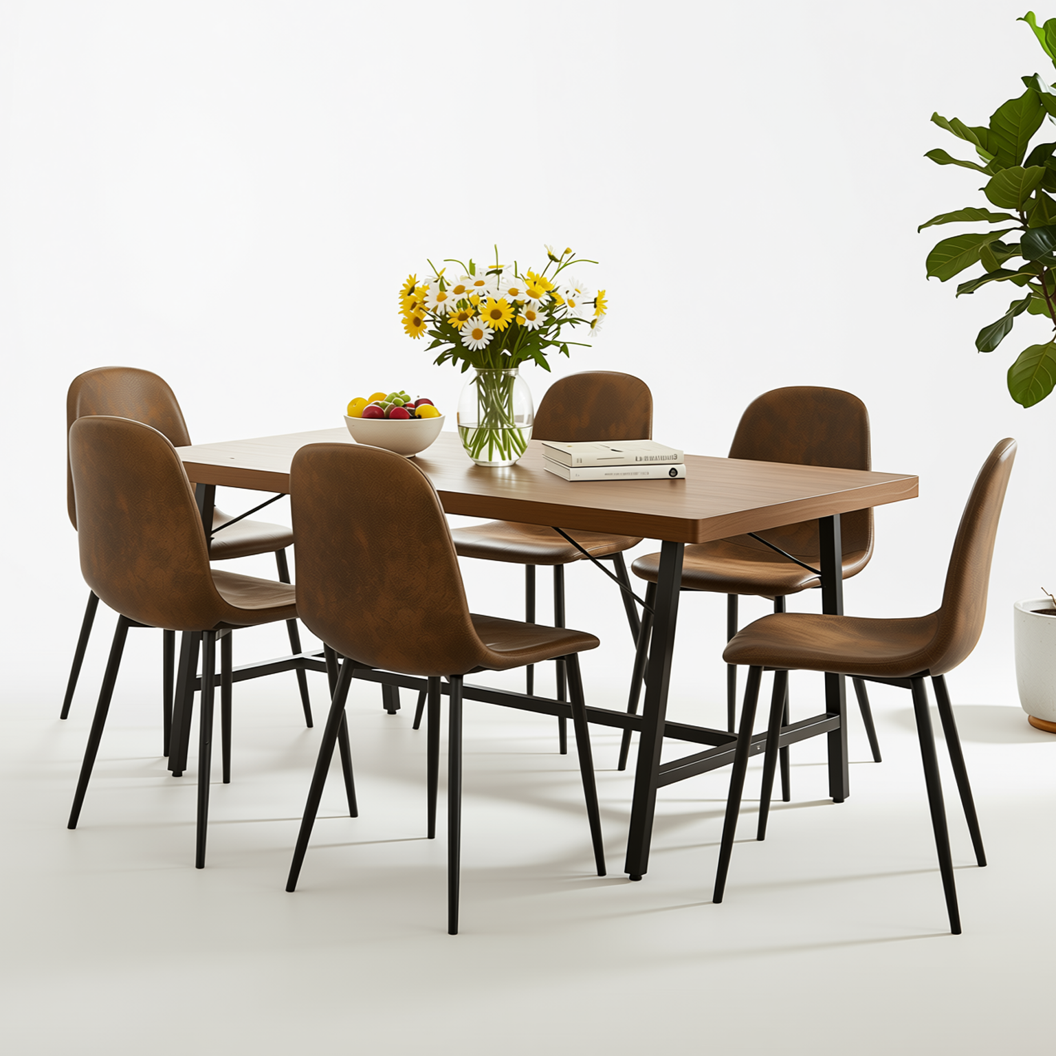 Homy Casa FORS+CHARLTON 7PC Dining Set 63" Table with 6 Suede Upholstered Chairs in Brown