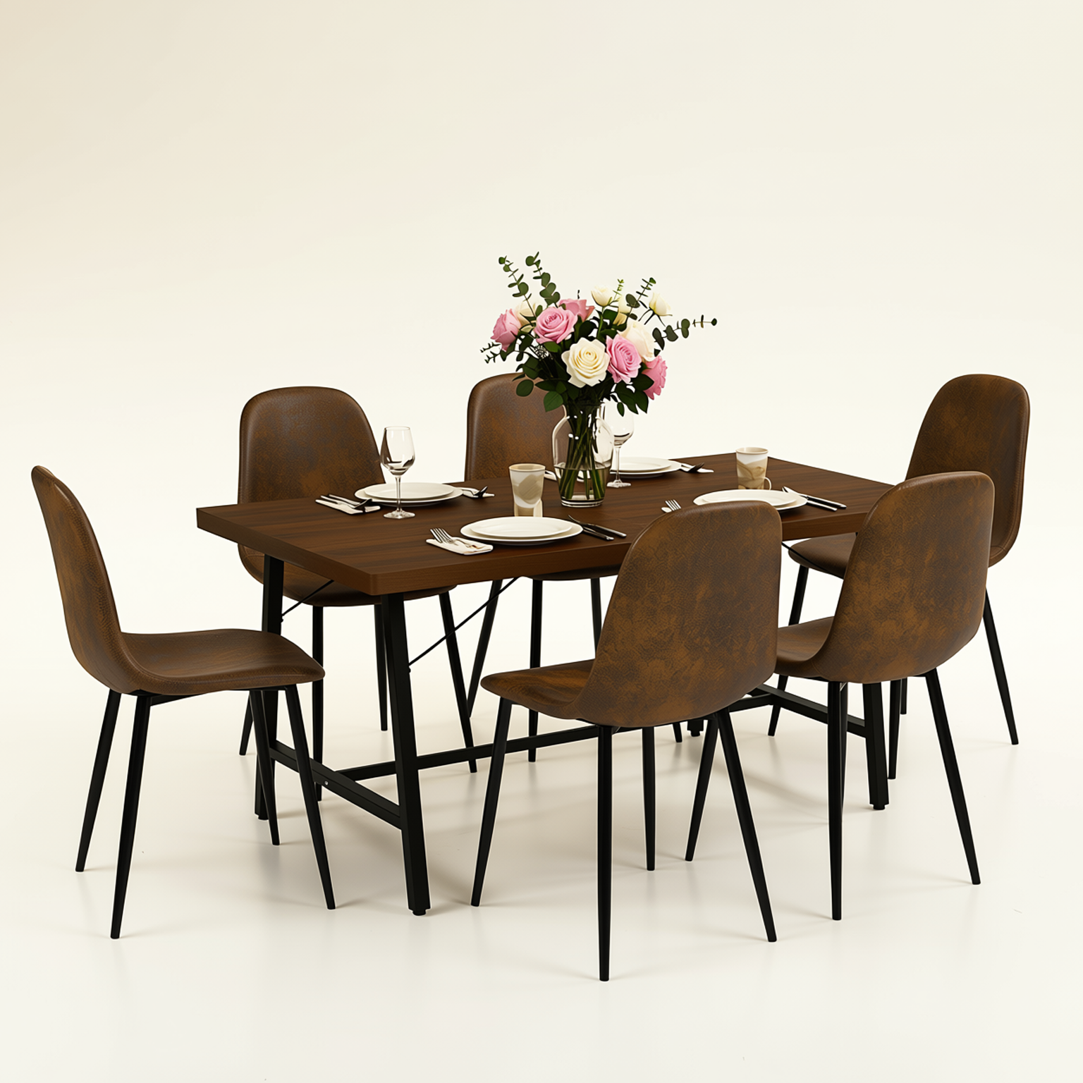 Homy Casa FORS+CHARLTON 7PC Dining Set 63" Table with 6 Suede Upholstered Chairs in Brown
