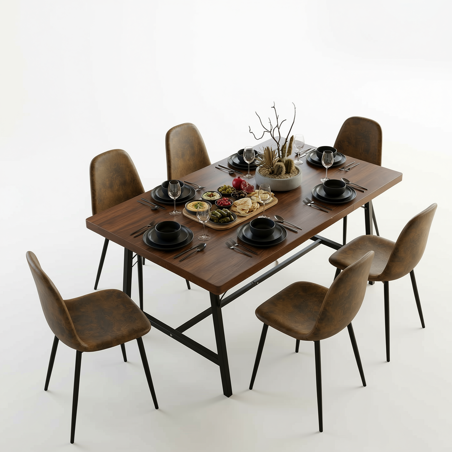 Homy Casa FORS+CHARLTON 7PC Dining Set 63" Table with 6 Suede Upholstered Chairs in Brown