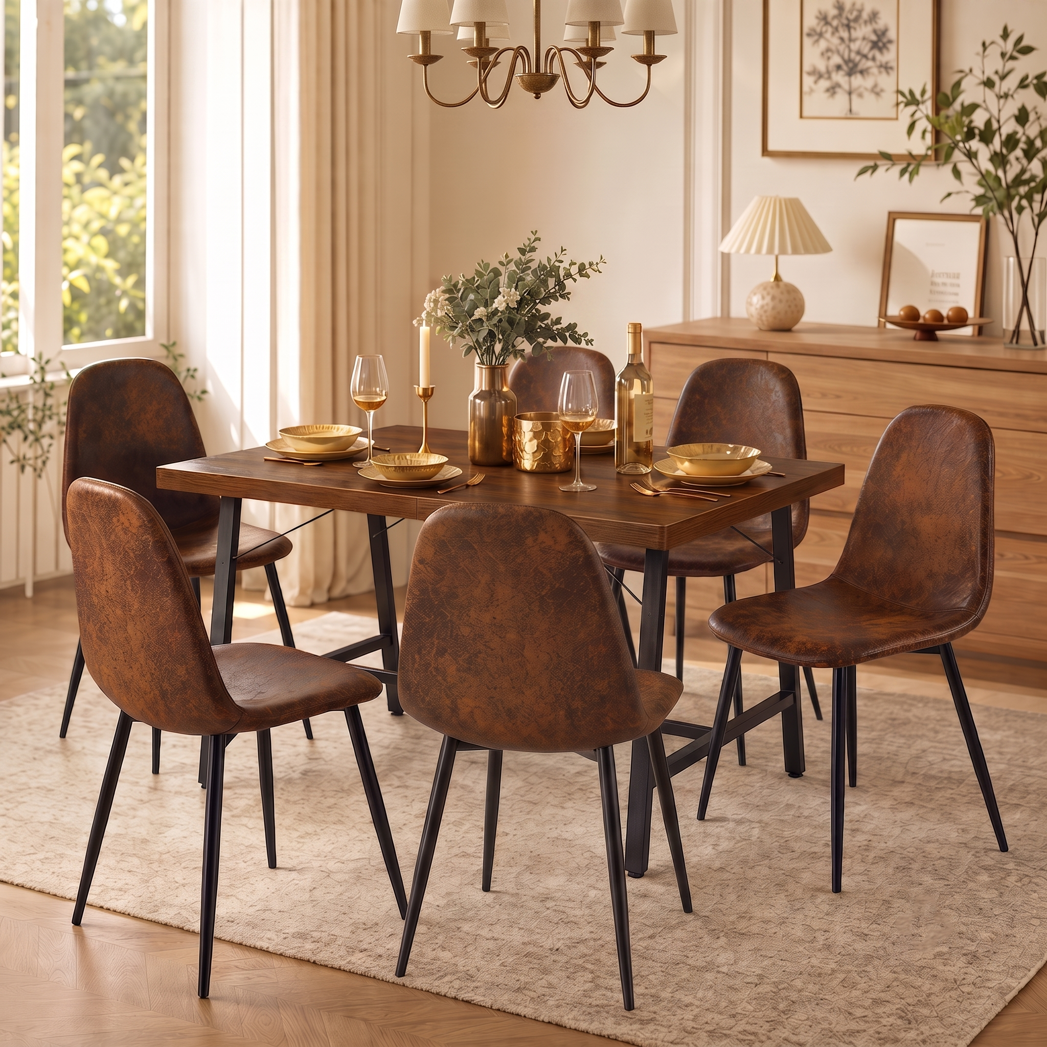 Homy Casa FORS+CHARLTON 7PC Dining Set 63" Table with 6 Suede Upholstered Chairs in Brown