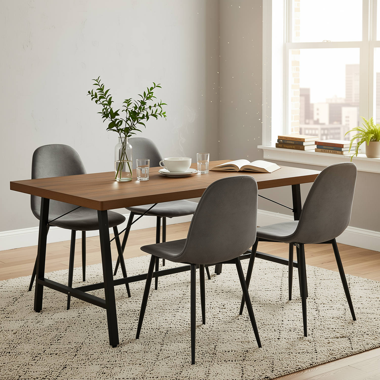 Homy Casa FORS + Charlton 5PC Dining Set 63” Grey Table with 4 Grey Terry Fabric Chairs