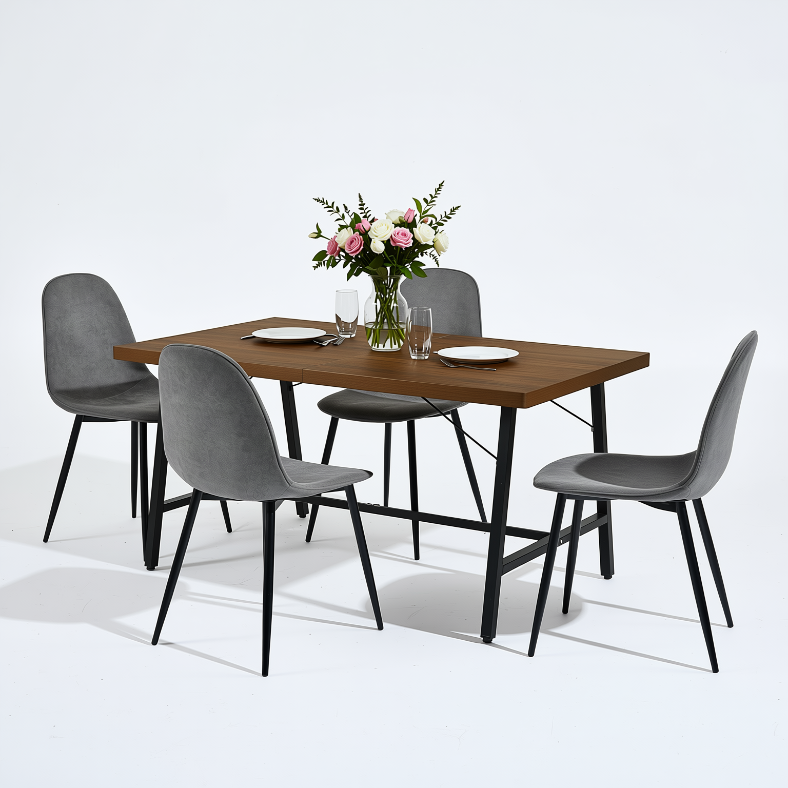 Homy Casa FORS + Charlton 5PC Dining Set 63” Grey Table with 4 Grey Terry Fabric Chairs