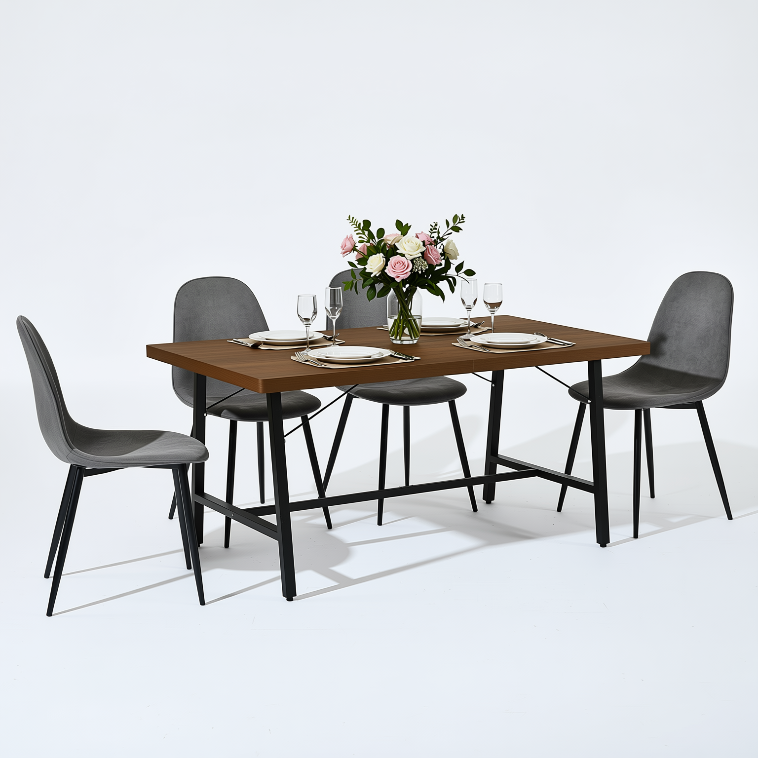 Homy Casa FORS + Charlton 5PC Dining Set 63” Grey Table with 4 Grey Terry Fabric Chairs