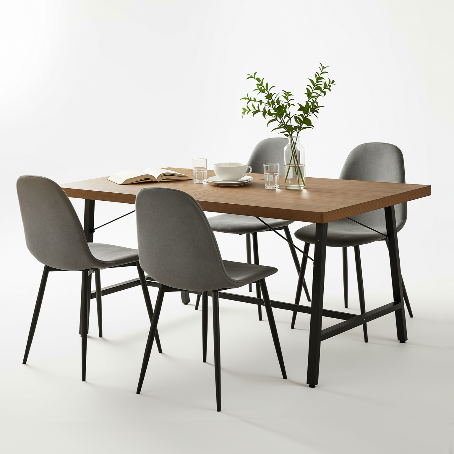 Homy Casa FORS + Charlton 5PC Dining Set 63” Grey Table with 4 Grey Terry Fabric Chairs