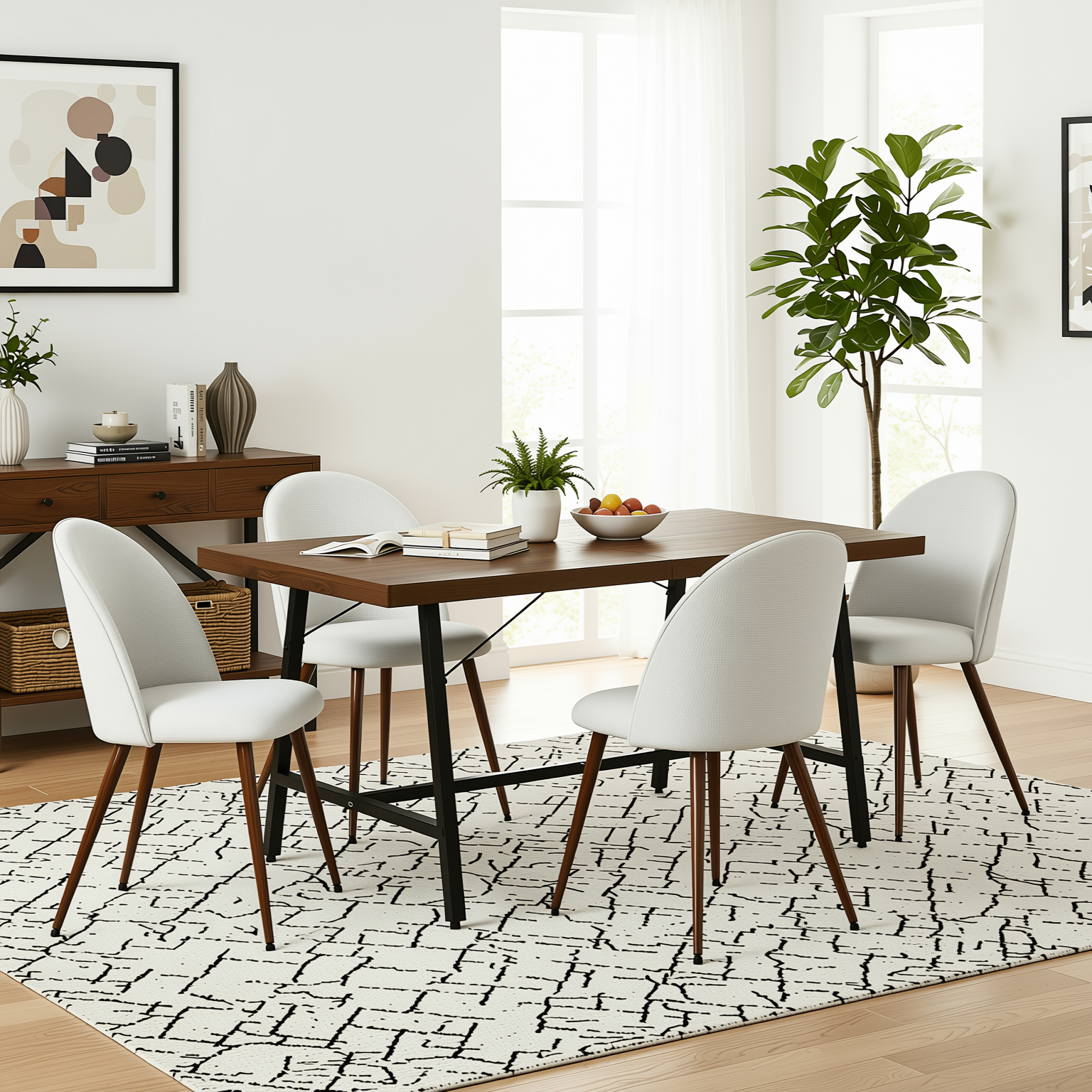 Homy Casa FORS 5PC Dining Set 63” Vintage Brown Dining Table with 4PC Haven Beige Fabric Dining Chairs