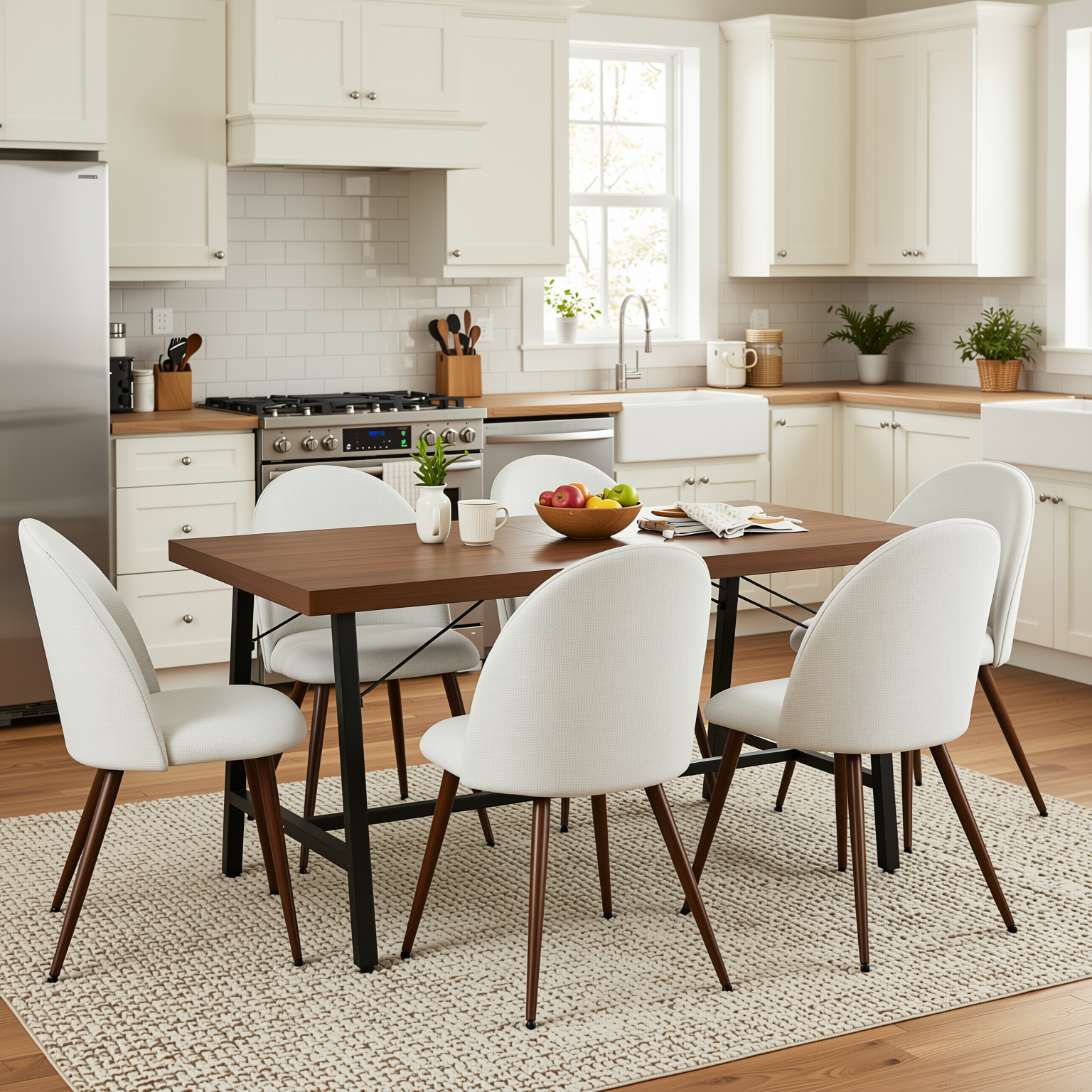 Homy Casa FORS + HAVEN 7PC Dining Set 63” Table with 6 Beige Fabric Chairs Walnut Finish