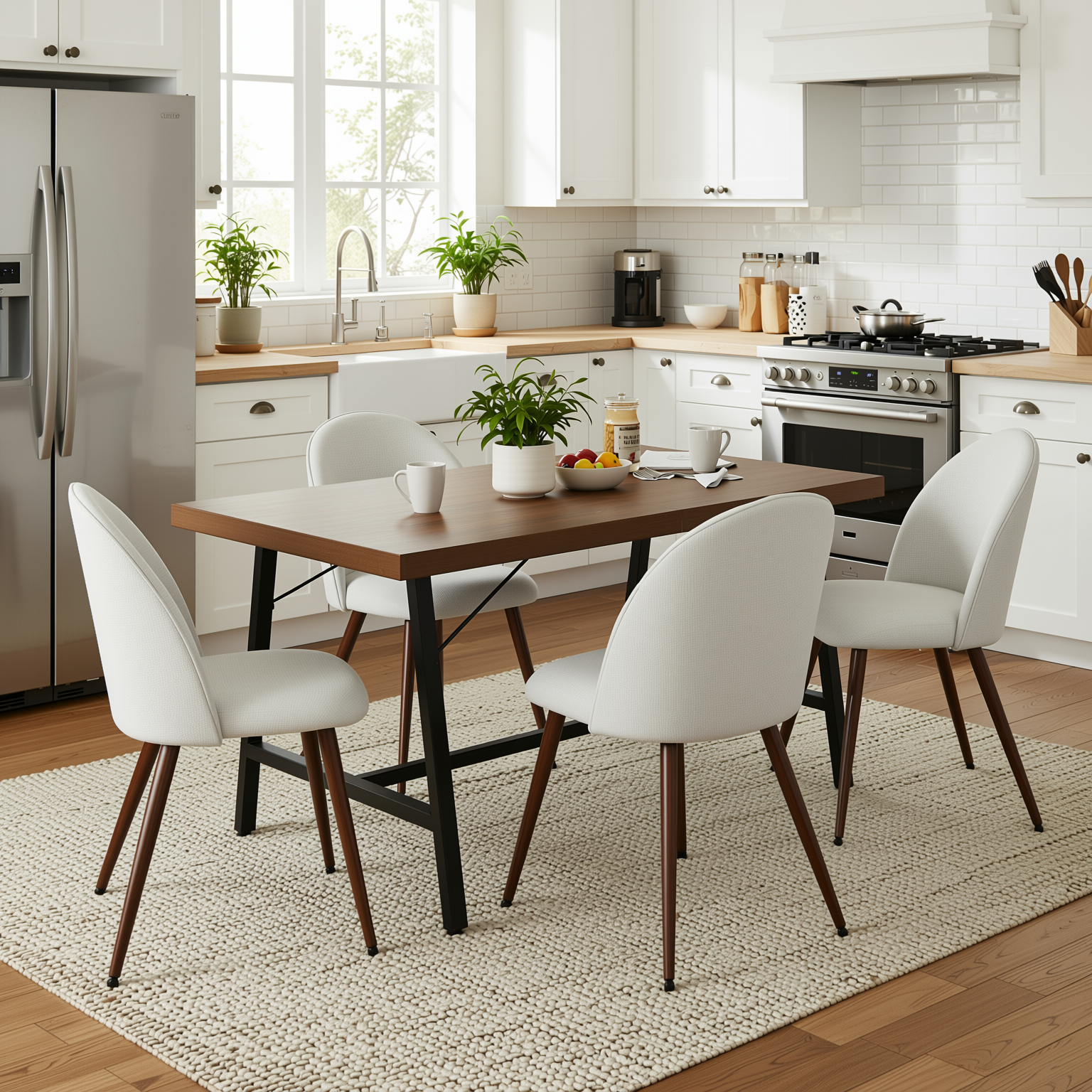 Homy Casa FORS 5PC Dining Set 63” Vintage Brown Dining Table with 4PC Haven Beige Fabric Dining Chairs