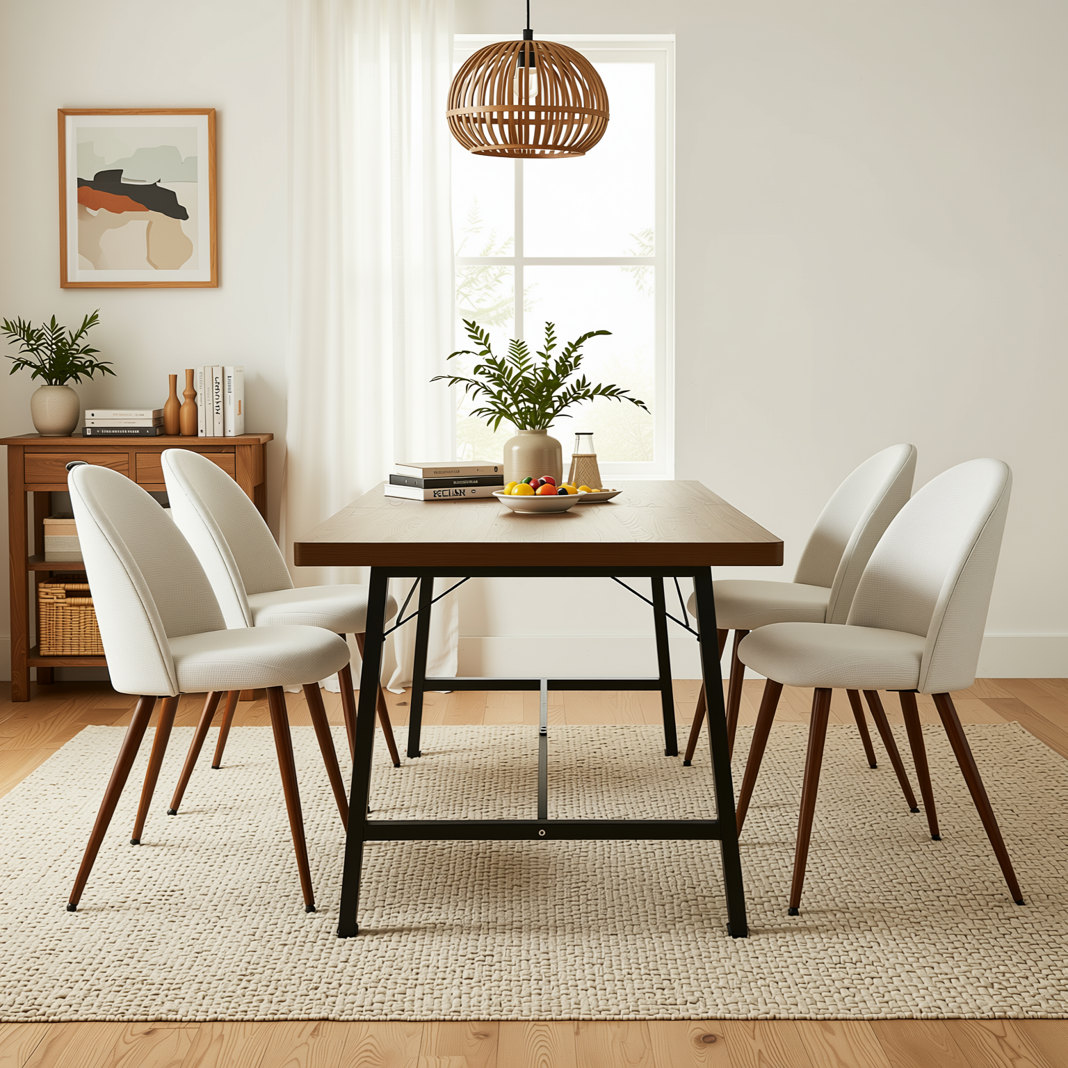 Homy Casa FORS 5PC Dining Set 63” Vintage Brown Dining Table with 4PC Haven Beige Fabric Dining Chairs
