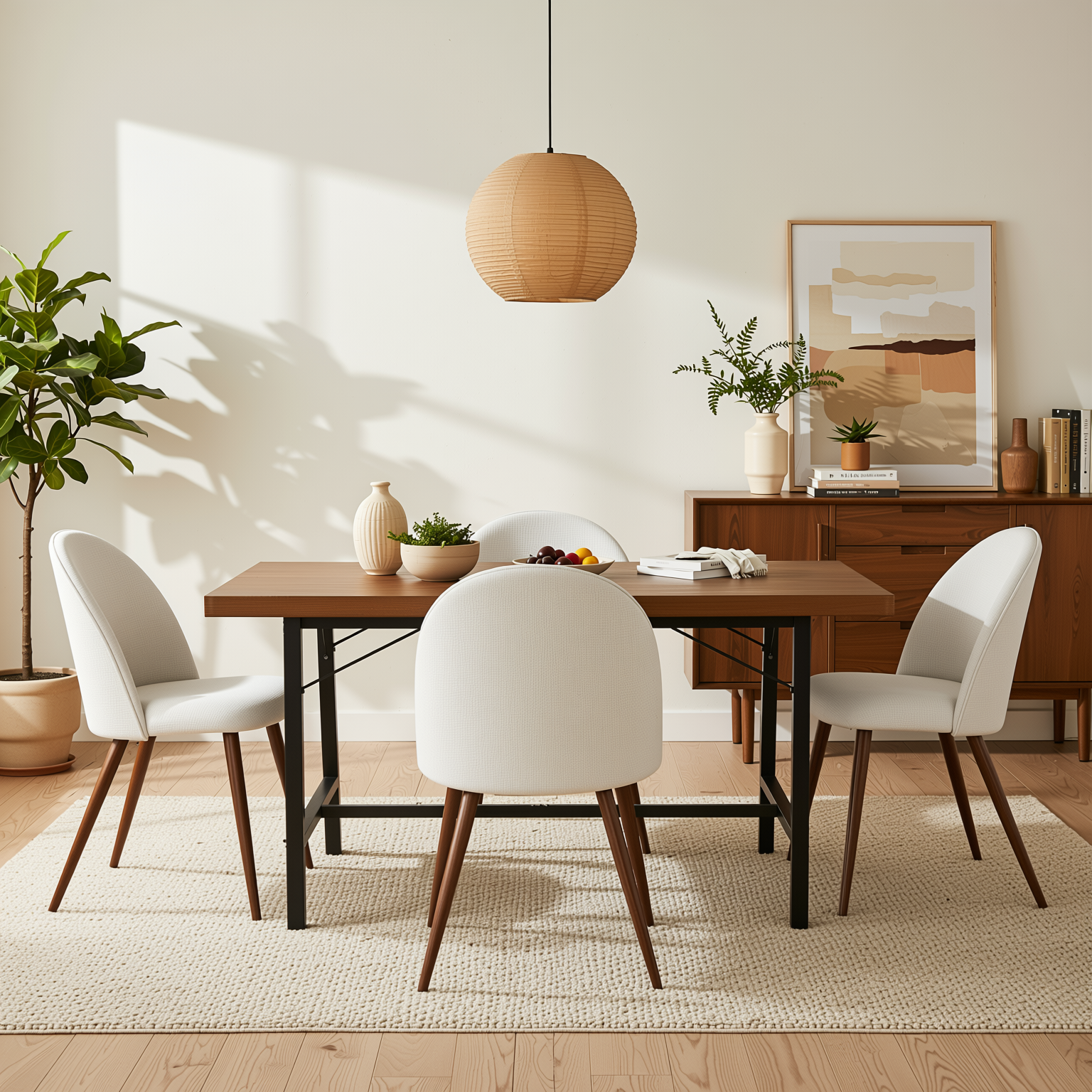 Homy Casa FORS 5PC Dining Set 63” Vintage Brown Dining Table with 4PC Haven Beige Fabric Dining Chairs