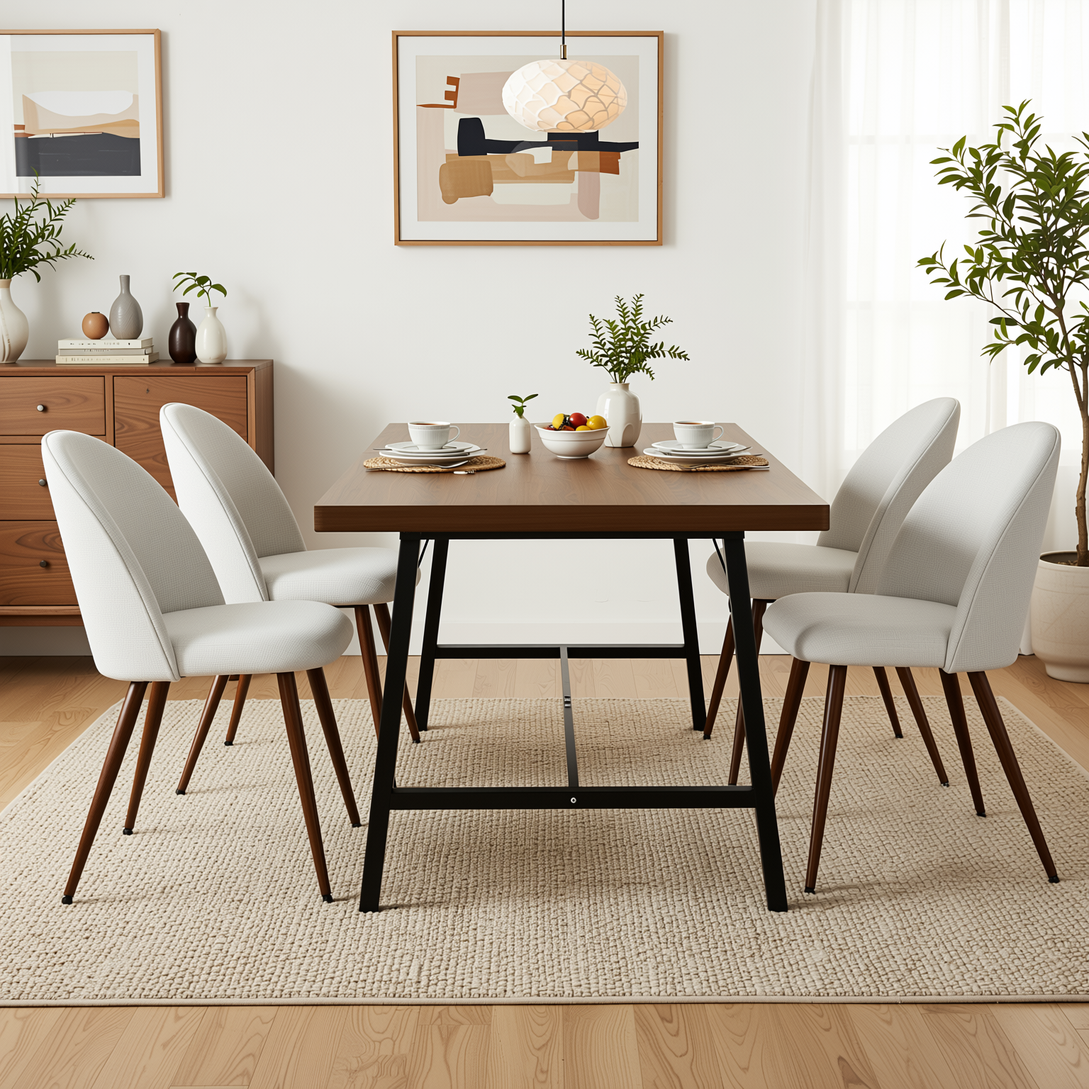 Homy Casa FORS 5PC Dining Set 63” Vintage Brown Dining Table with 4PC Haven Beige Fabric Dining Chairs