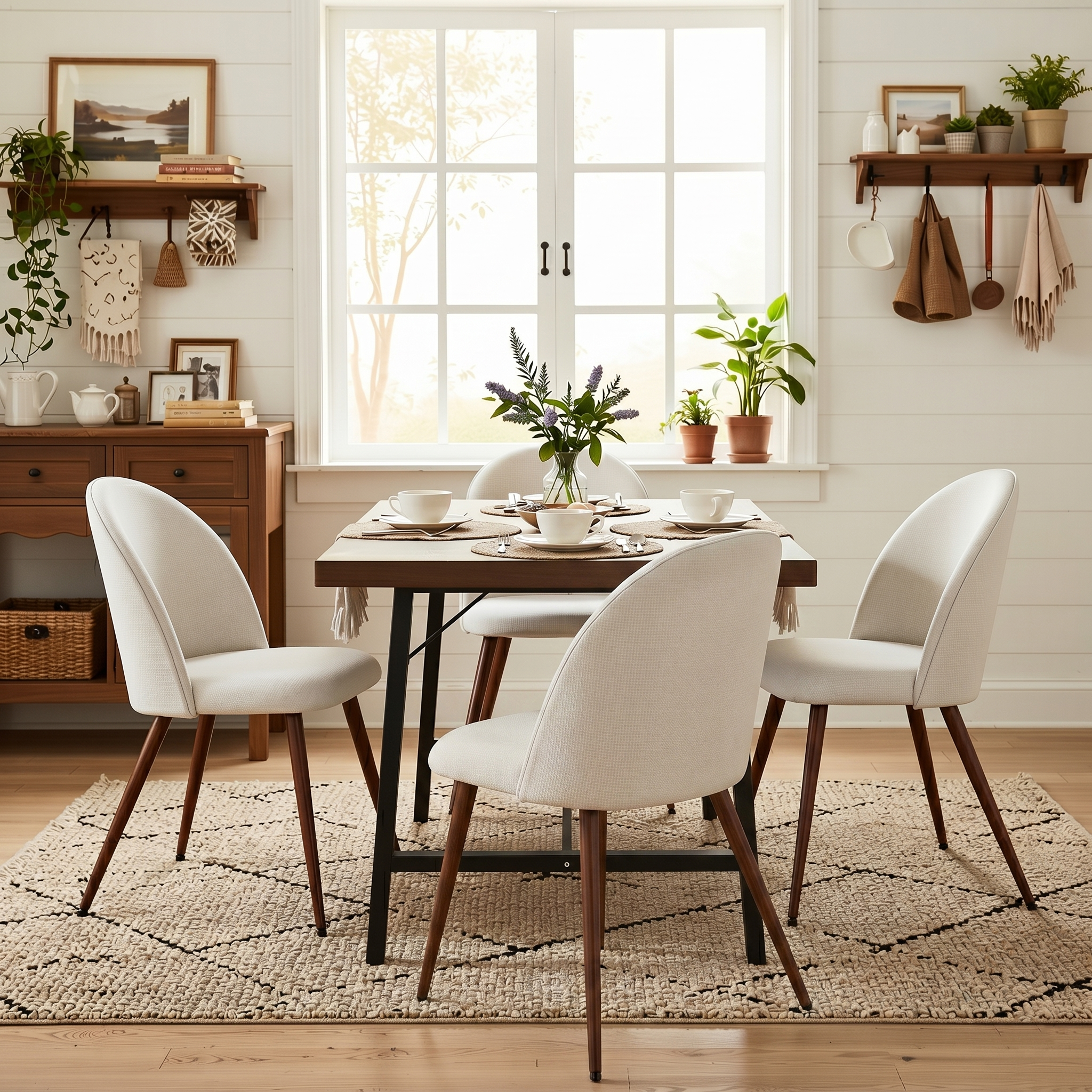 Homy Casa FORS 5PC Dining Set 63” Vintage Brown Dining Table with 4PC Haven Beige Fabric Dining Chairs