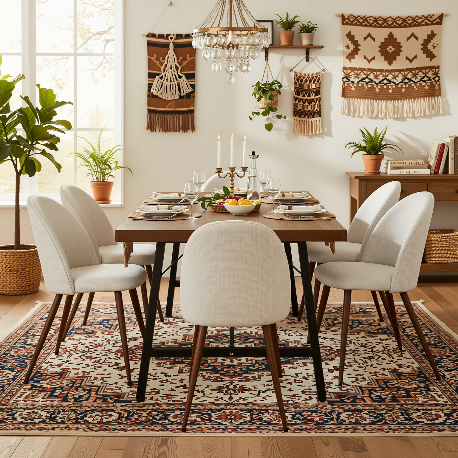 Homy Casa FORS + HAVEN 7PC Dining Set 63” Table with 6 Beige Fabric Chairs Walnut Finish