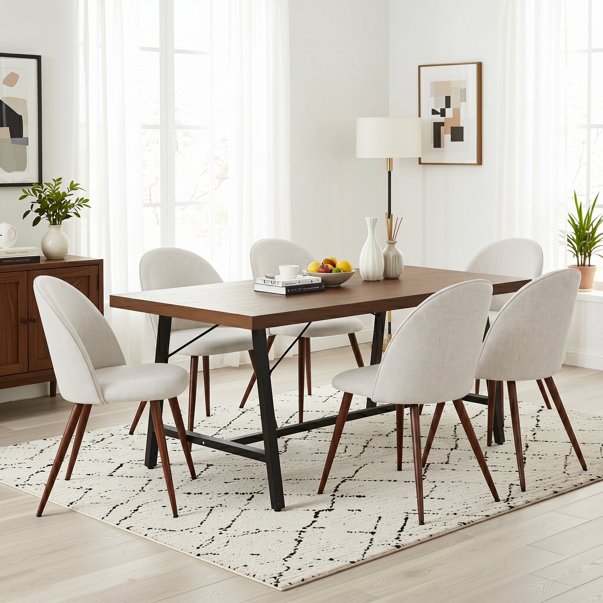 Homy Casa FORS + HAVEN 7PC Dining Set 63” Table with 6 Beige Fabric Chairs Walnut Finish