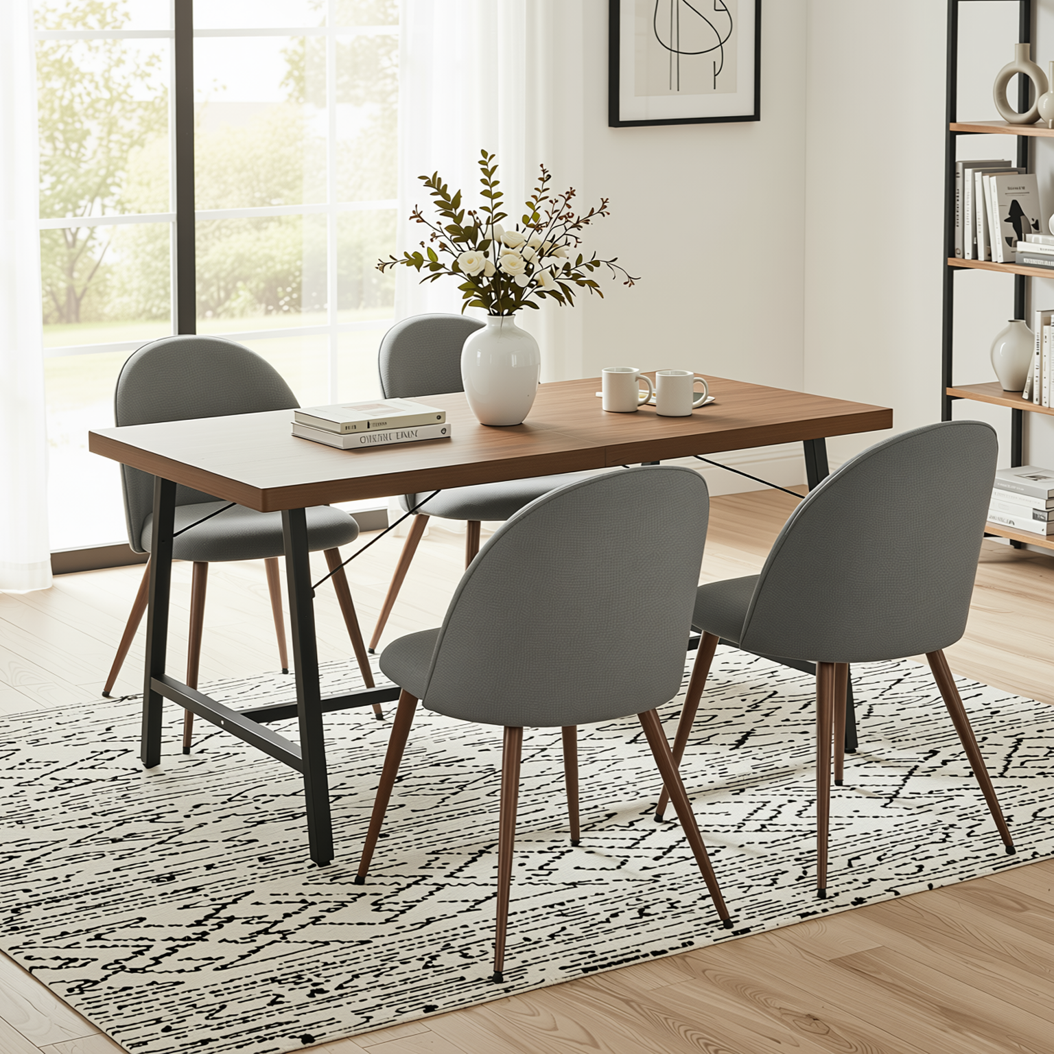 Homy Casa FORS + HAVEN 5PC Dining Set 63” Grey Fabric Chairs & Walnut Finish Table