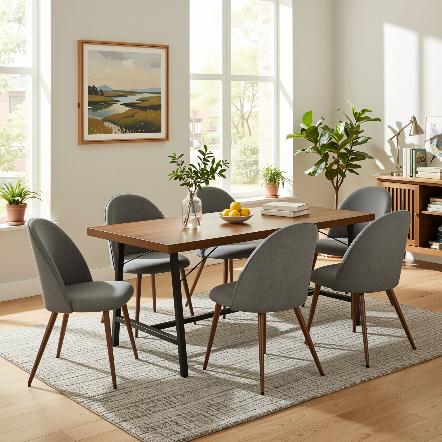 Homy Casa FORS + HAVEN 7PC Dining Set 63” Grey Fabric Chairs & Walnut Finish Table for Kitchen or Dining Room
