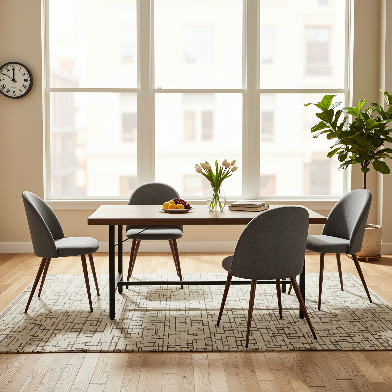 Homy Casa FORS + HAVEN 5PC Dining Set 63” Grey Fabric Chairs & Walnut Finish Table