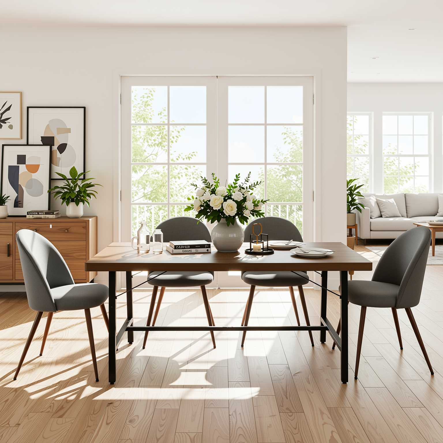 Homy Casa FORS + HAVEN 5PC Dining Set 63” Grey Fabric Chairs & Walnut Finish Table