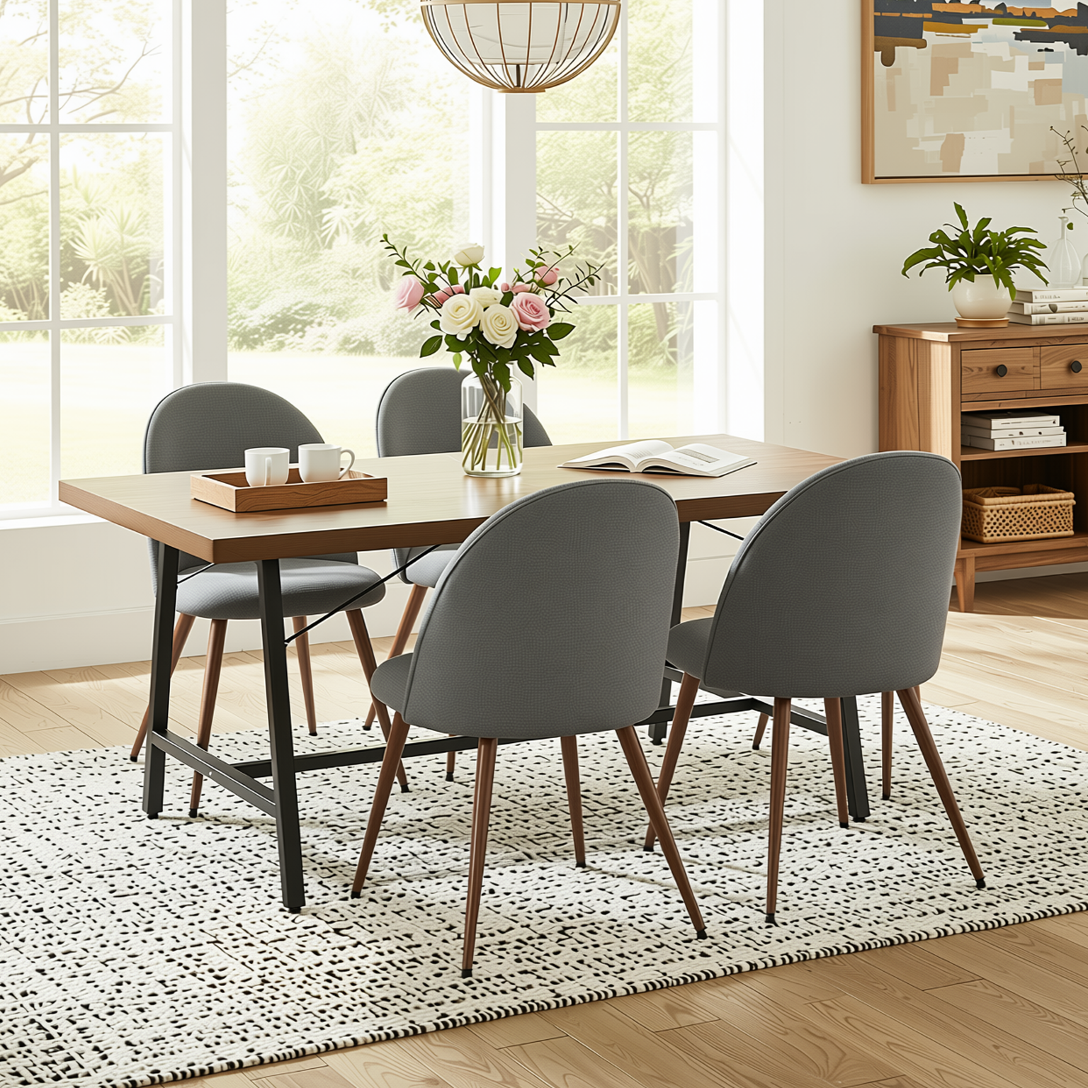 Homy Casa FORS + HAVEN 5PC Dining Set 63” Grey Fabric Chairs & Walnut Finish Table