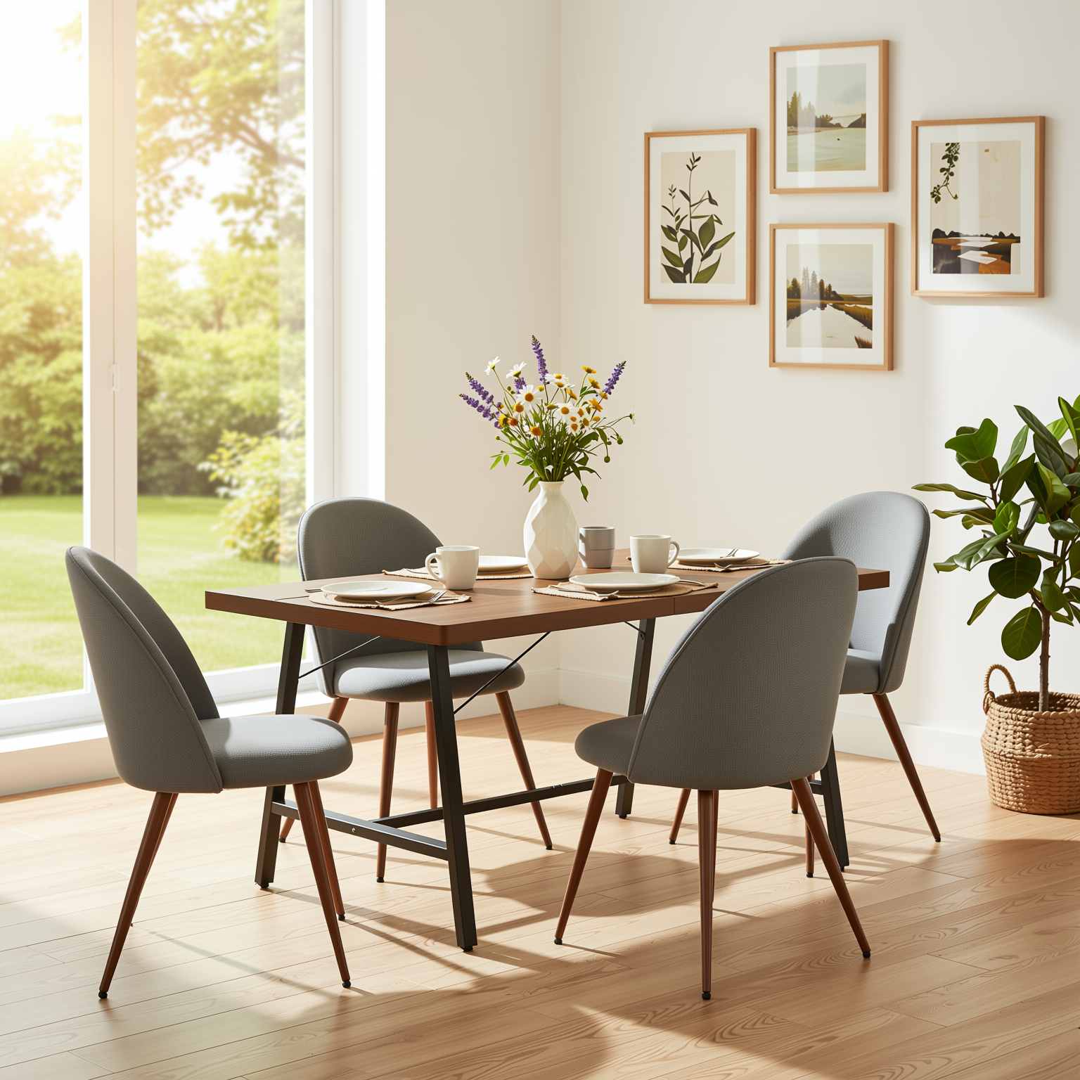 Homy Casa FORS + HAVEN 5PC Dining Set 63” Grey Fabric Chairs & Walnut Finish Table