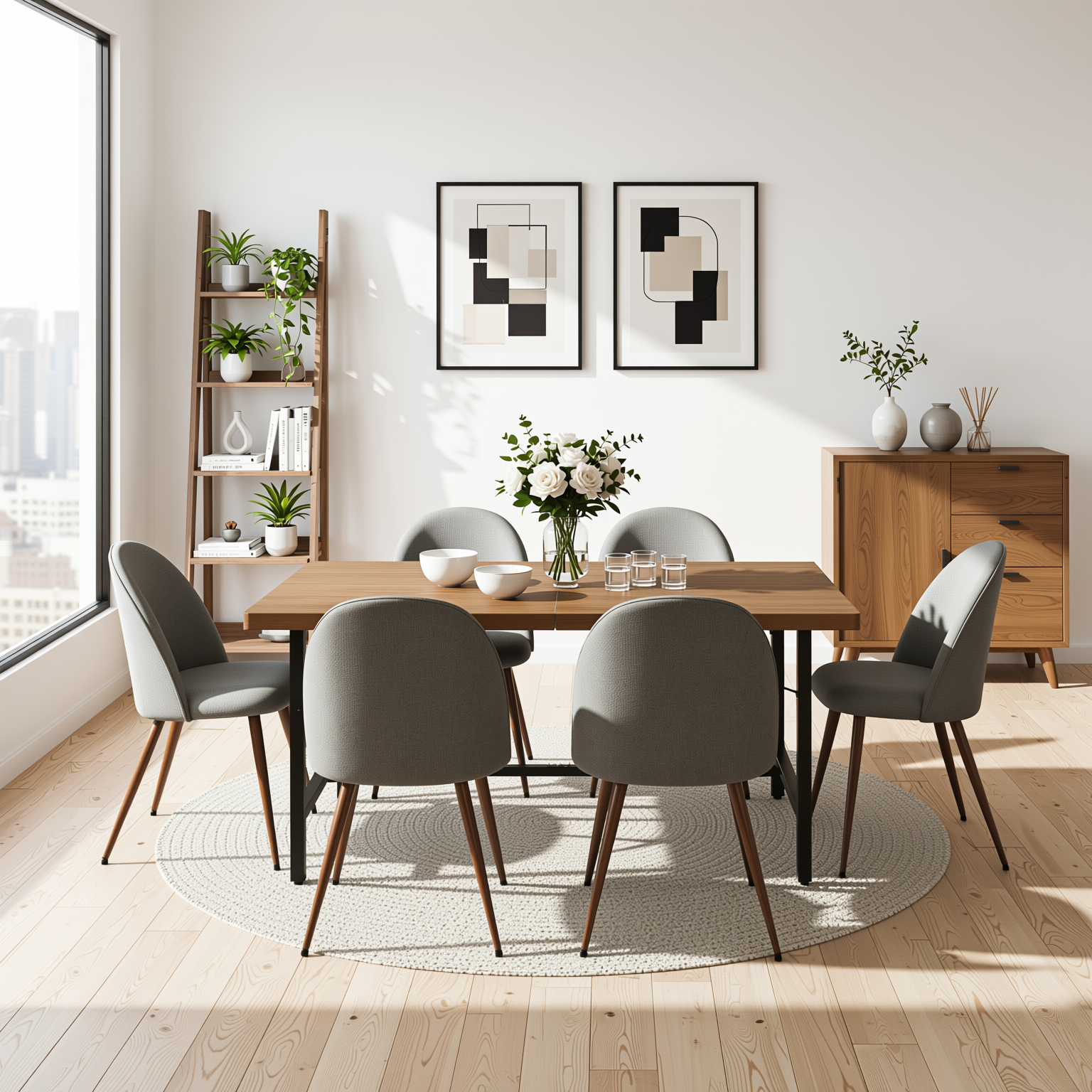 Homy Casa FORS + HAVEN 7PC Dining Set 63” Grey Fabric Chairs & Walnut Finish Table for Kitchen or Dining Room
