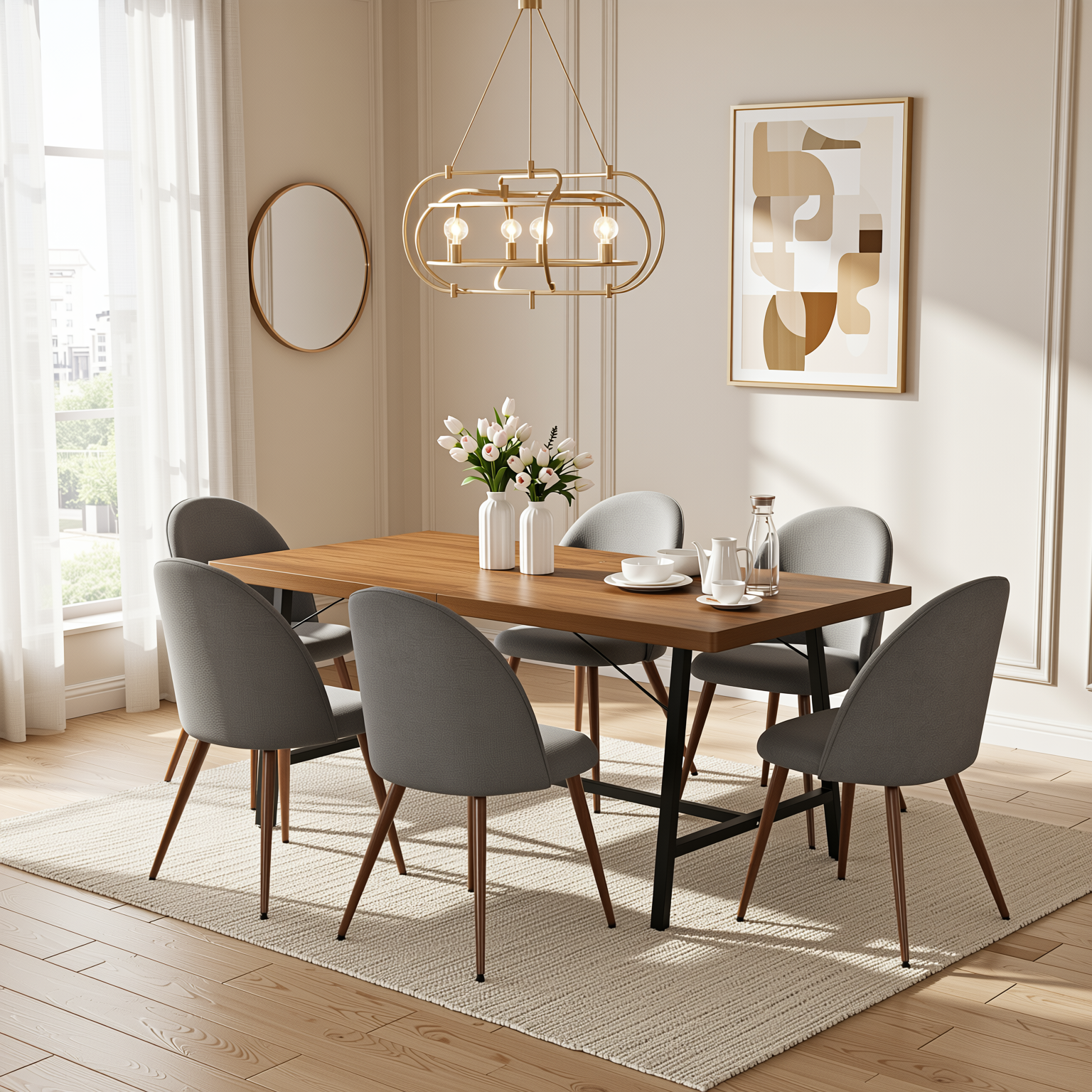 Homy Casa FORS + HAVEN 7PC Dining Set 63” Grey Fabric Chairs & Walnut Finish Table for Kitchen or Dining Room