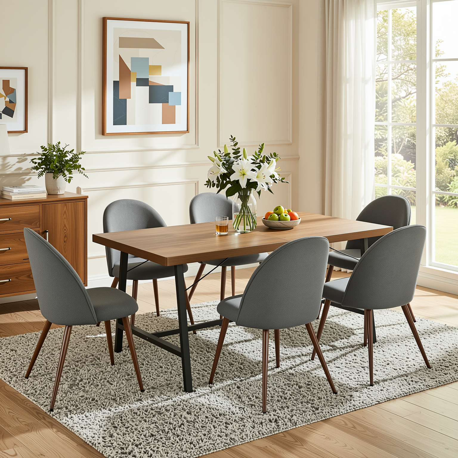 Homy Casa FORS + HAVEN 7PC Dining Set 63” Grey Fabric Chairs & Walnut Finish Table for Kitchen or Dining Room