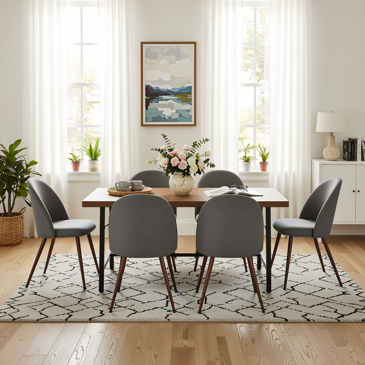 Homy Casa FORS + HAVEN 7PC Dining Set 63” Grey Fabric Chairs & Walnut Finish Table for Kitchen or Dining Room