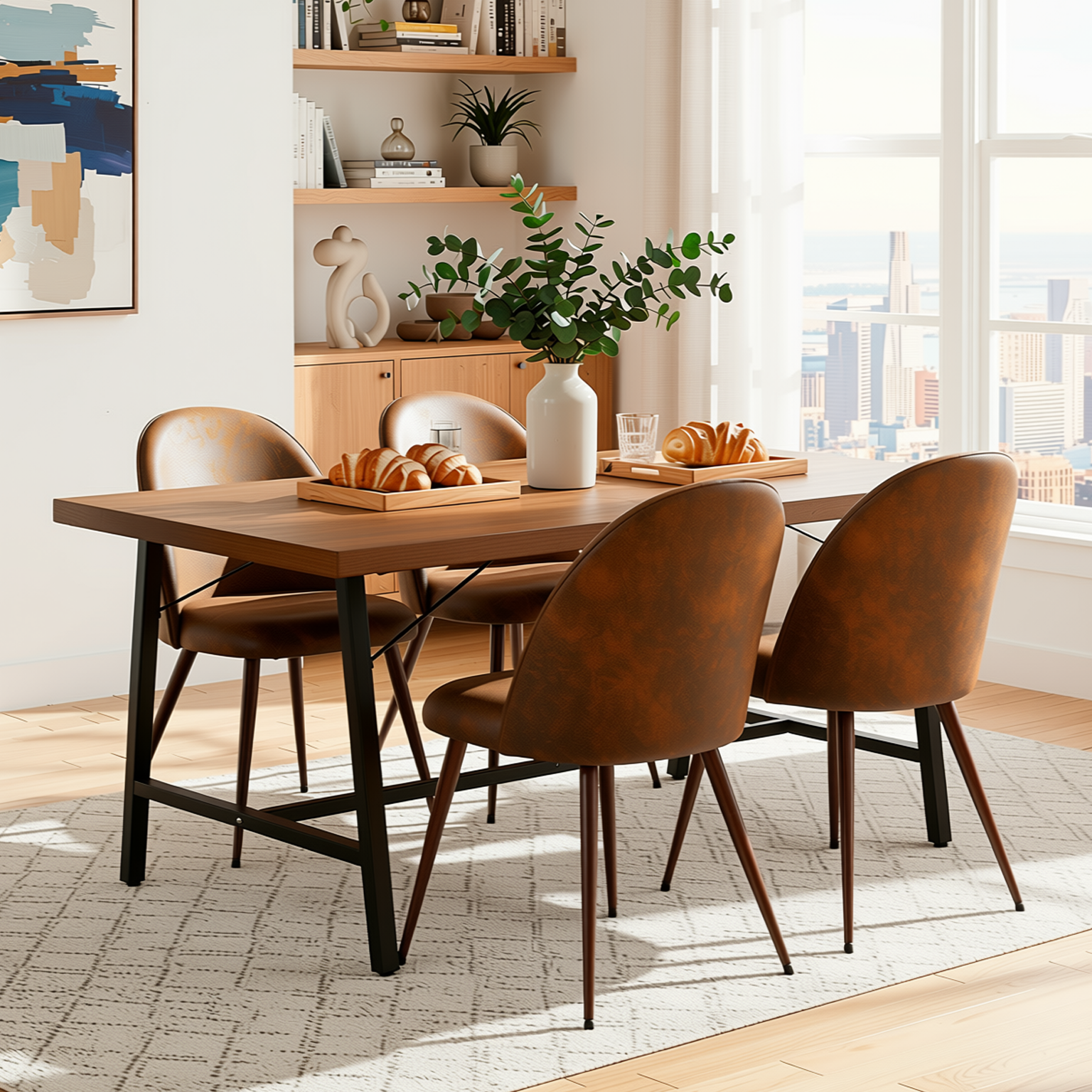 Homy Casa FORS + HAVEN 5PC Dining Set 63” Table with 4 Suede Brown Walnut Leg Chairs