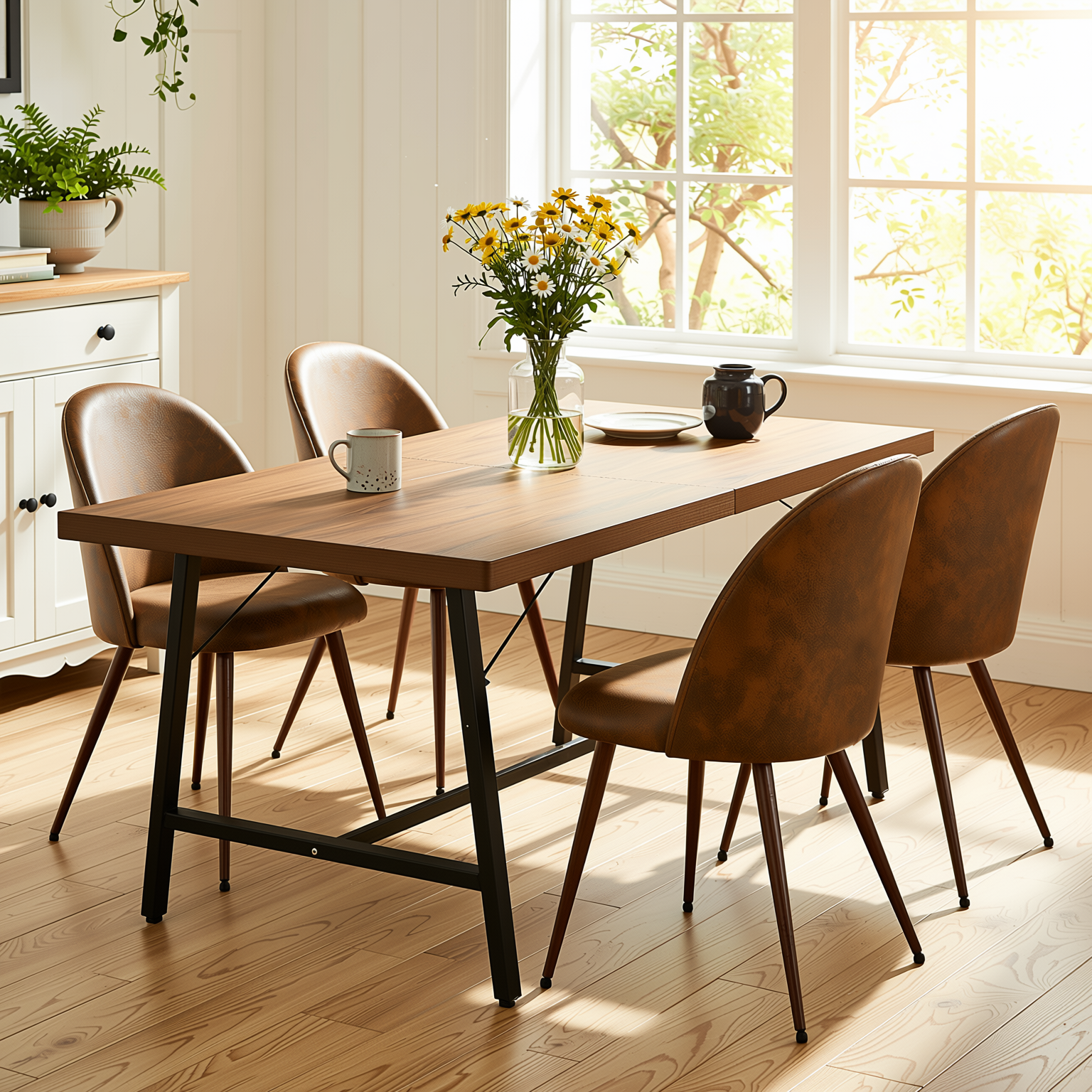 Homy Casa FORS + HAVEN 5PC Dining Set 63” Table with 4 Suede Brown Walnut Leg Chairs