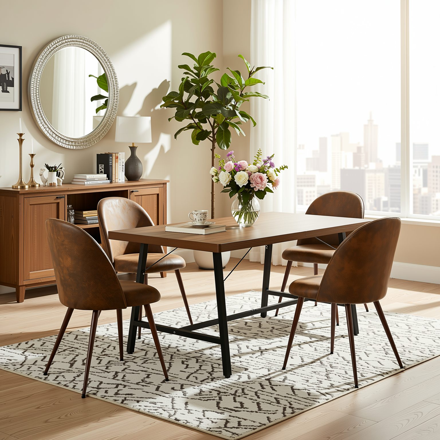 Homy Casa FORS + HAVEN 5PC Dining Set 63” Table with 4 Suede Brown Walnut Leg Chairs