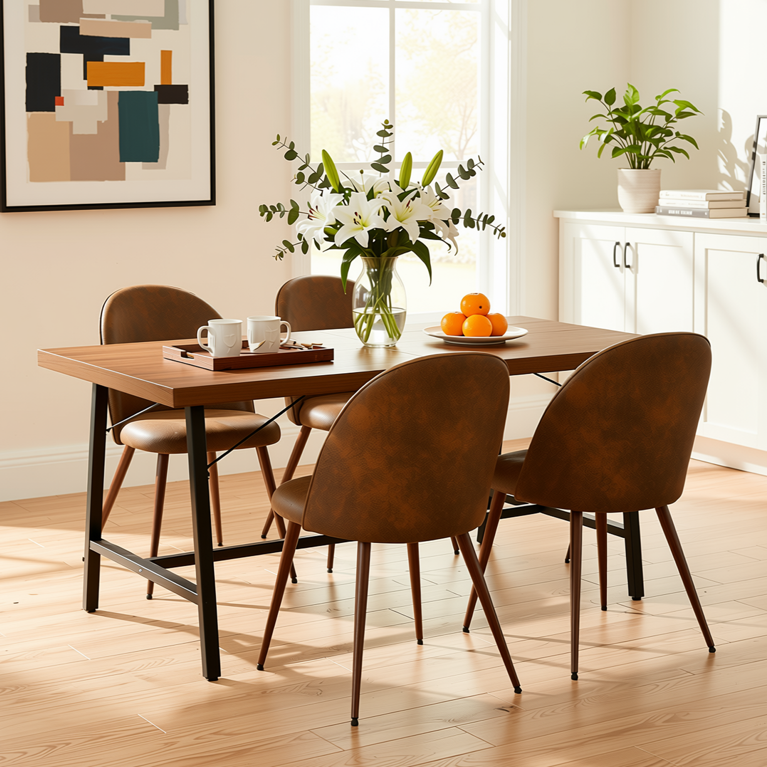 Homy Casa FORS + HAVEN 5PC Dining Set 63” Table with 4 Suede Brown Walnut Leg Chairs