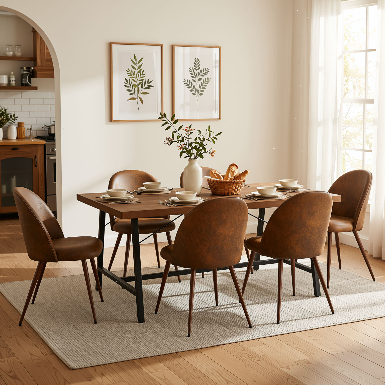 Homy Casa FORS + HAVEN 7PC Dining Set 63” Brown MDF Table with 6 Suede Brown Upholstered Chairs Walnut Finish