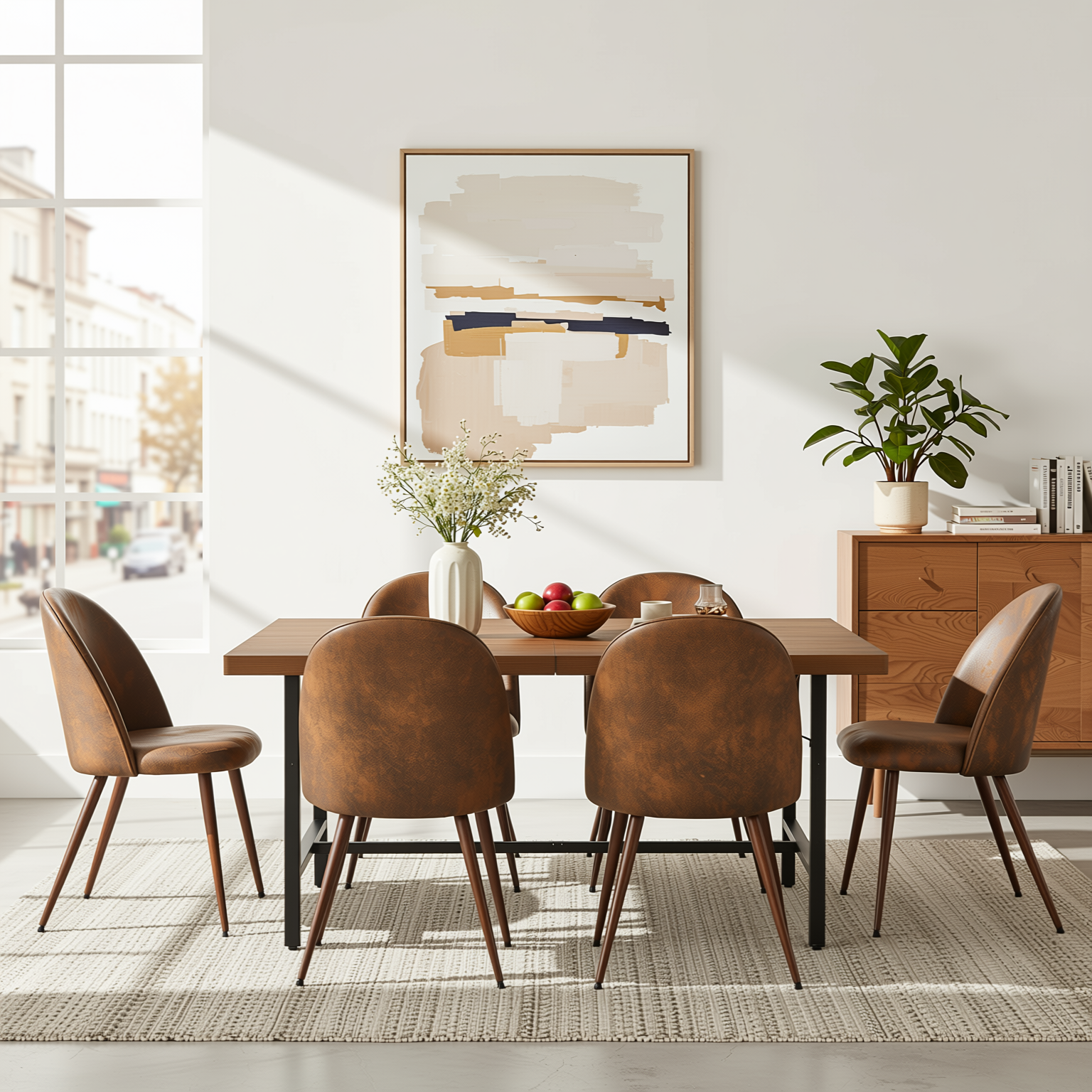 Homy Casa FORS + HAVEN 7PC Dining Set 63” Brown MDF Table with 6 Suede Brown Upholstered Chairs Walnut Finish